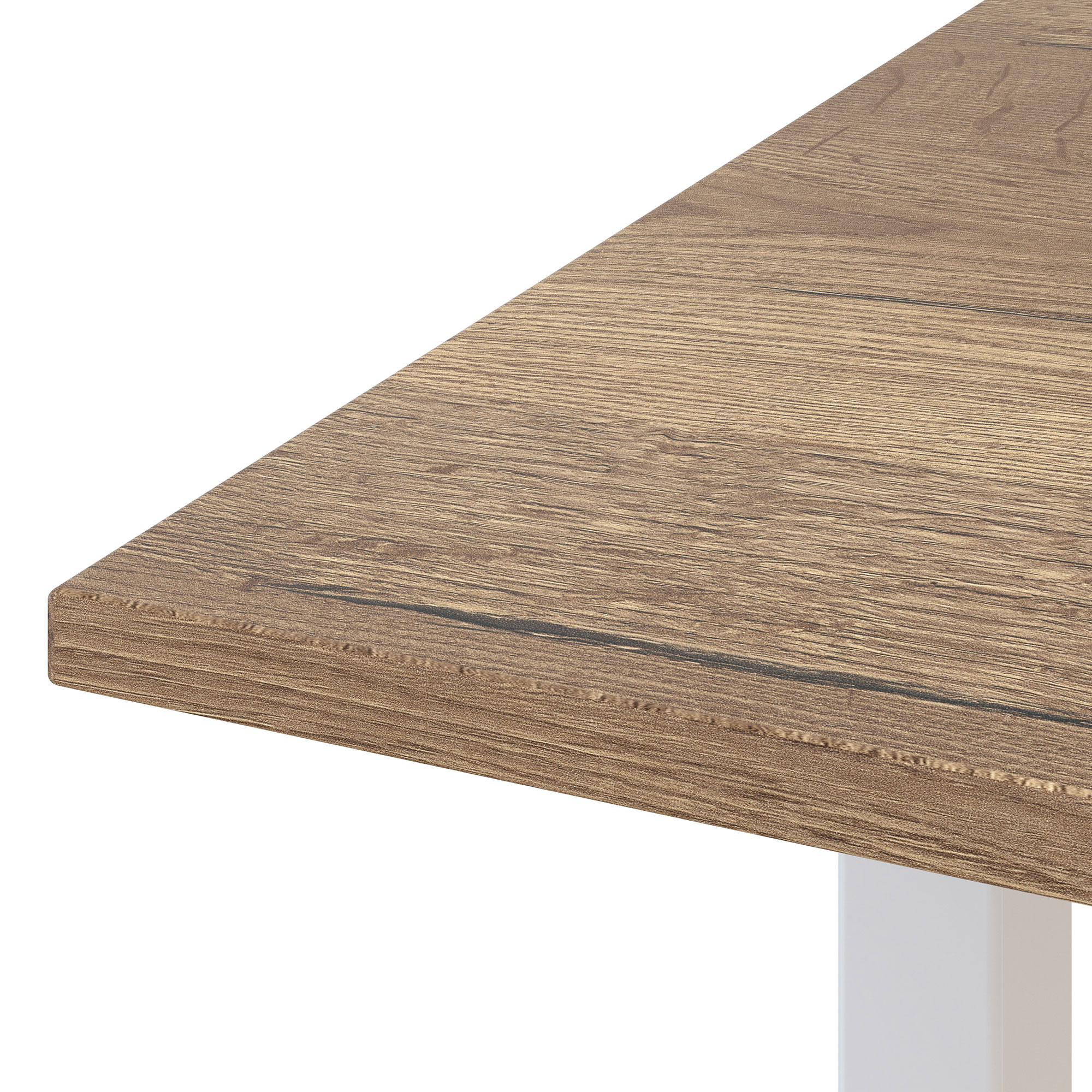 Nahaufnahme einer Tischkante aus dunklem Holz mit Maserung.