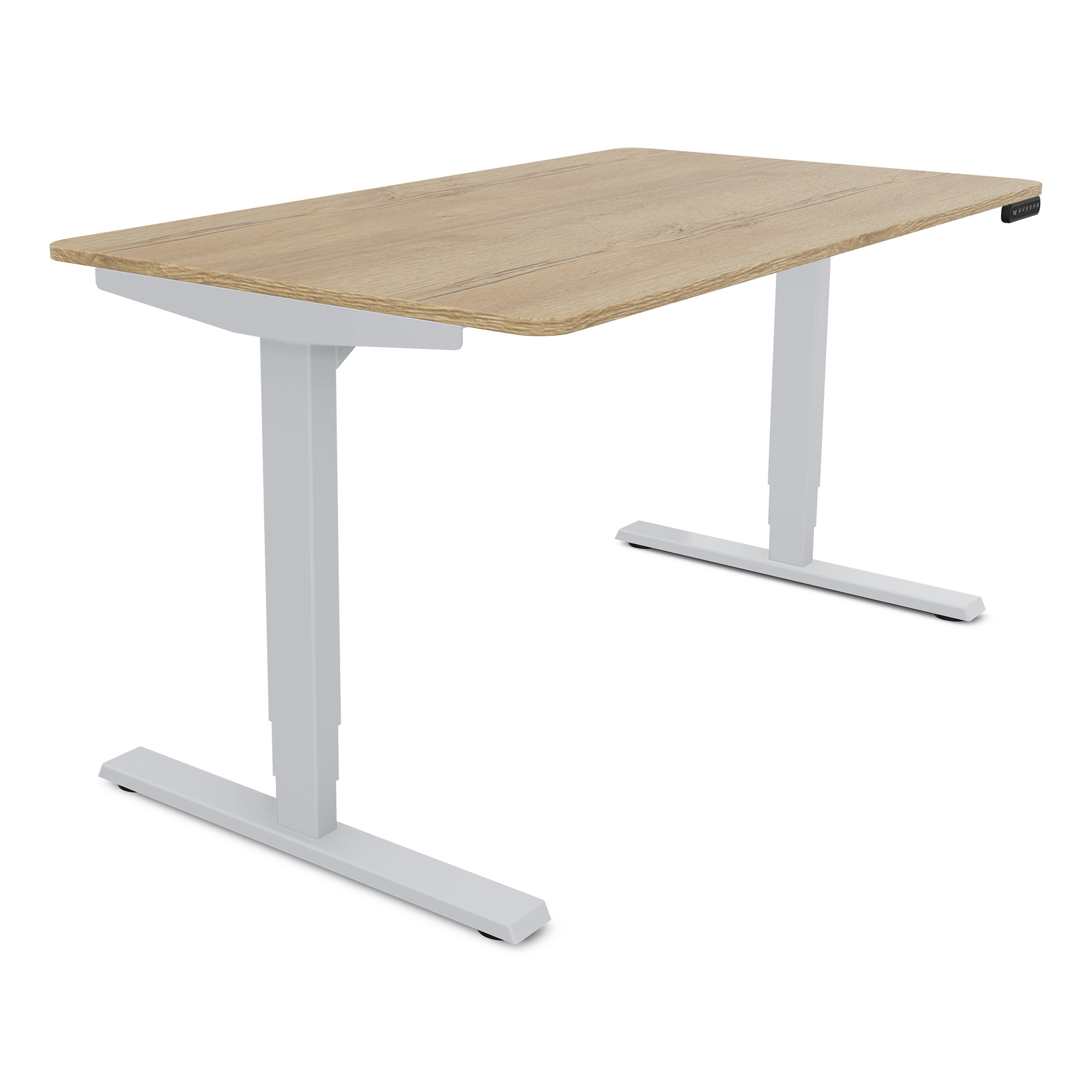 Ein moderner Schreibtisch mit einer hellen Holzplatte und weißen Metallbeinen.