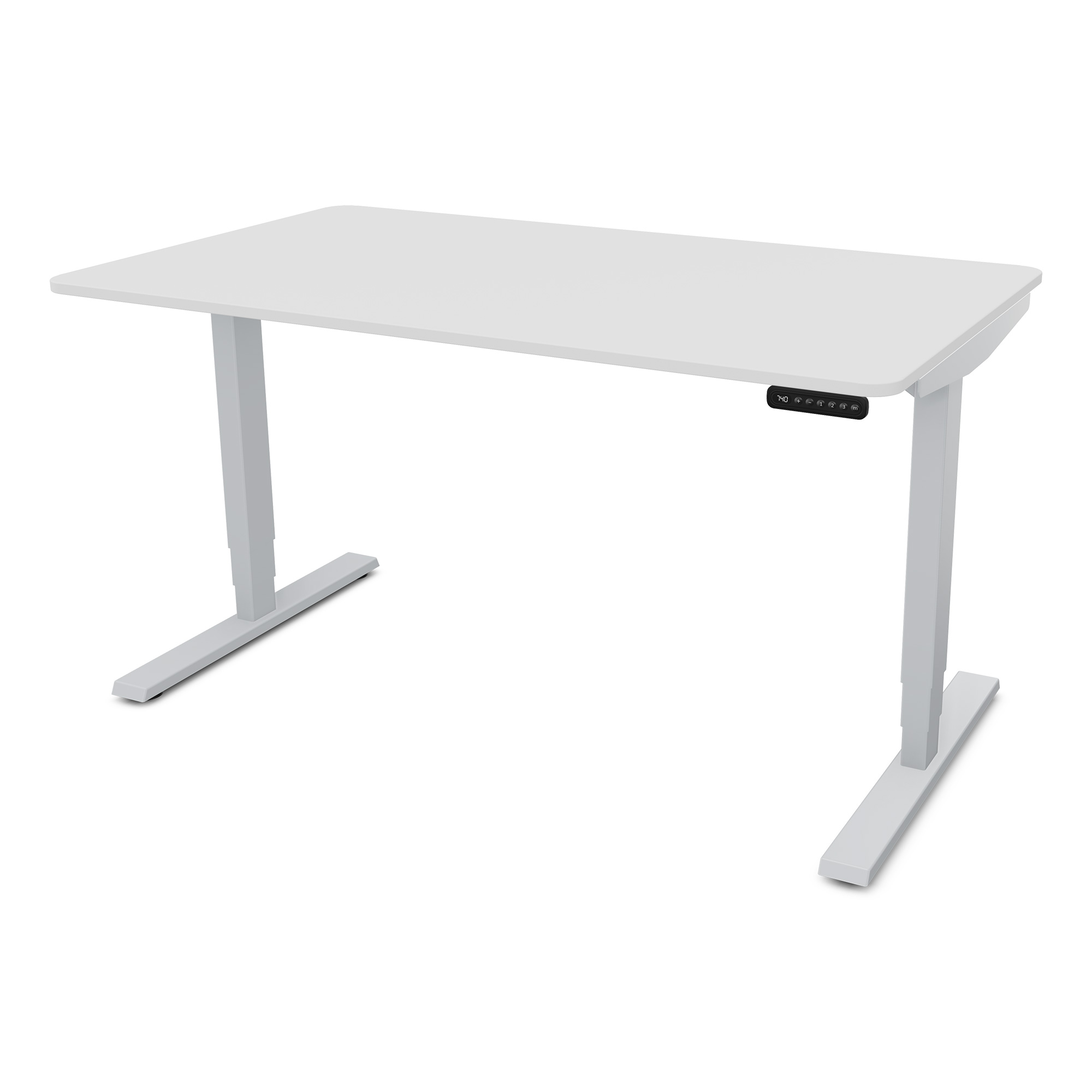 Ein höhenverstellbarer Schreibtisch in Weiß.