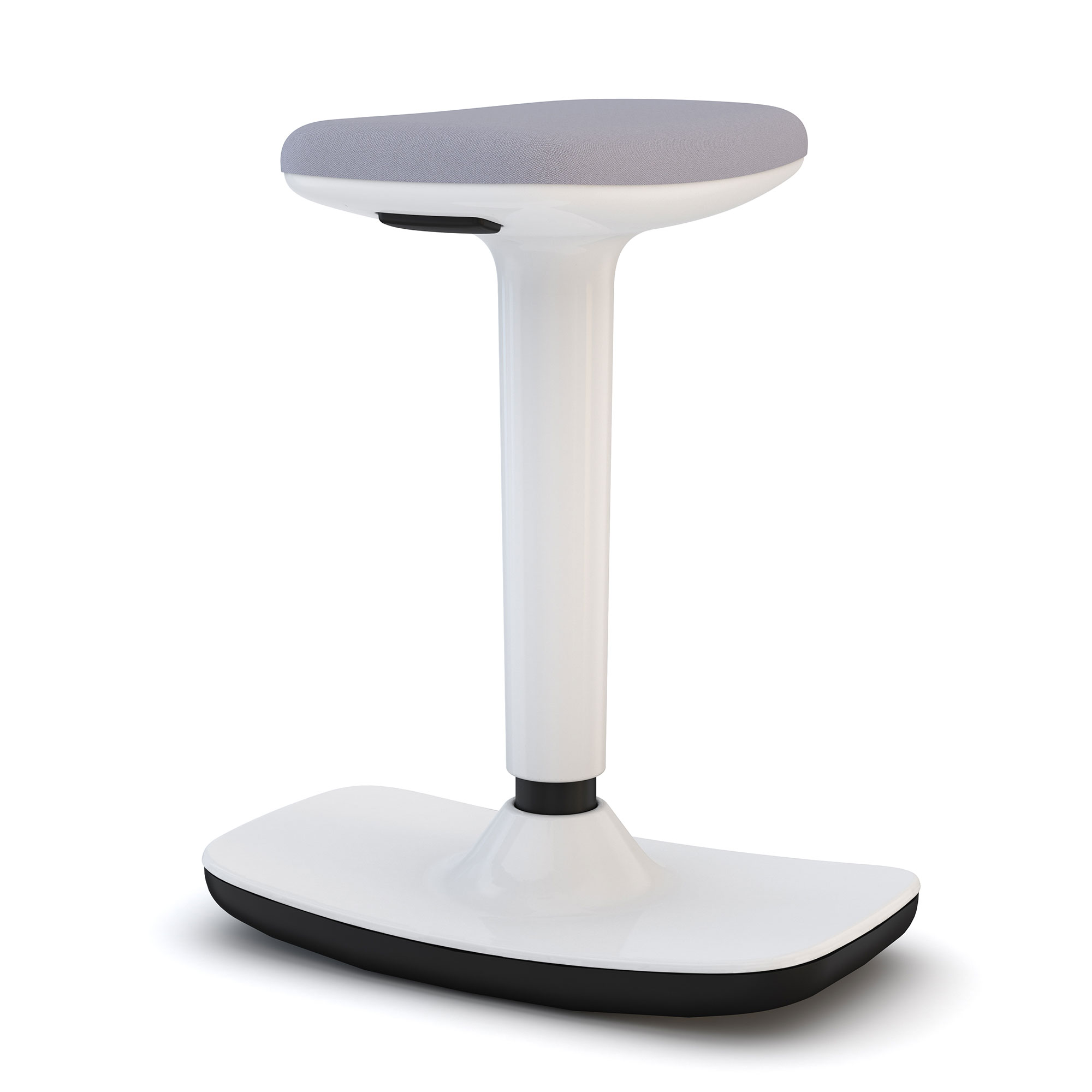 Steh-Sitzhocker Bari Hocker mit weißem Gestell, schwarzem Fuß und grauer Sitzfläche.