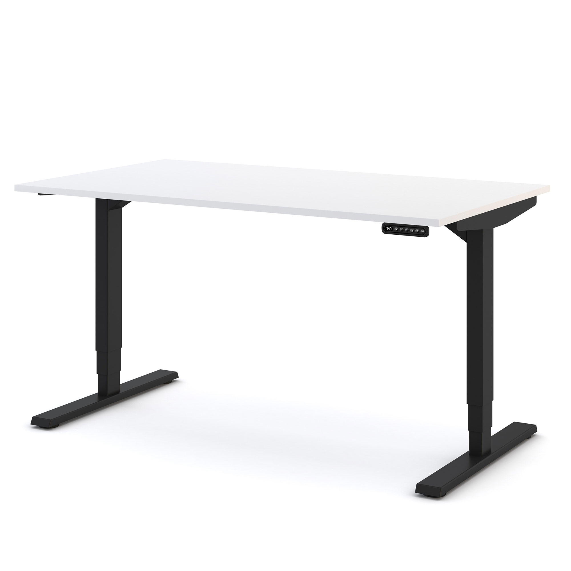 Elektrisch höhenverstellbarer Schreibtisch mit schwarzem Gestell und weißer Tischplatte im modernen Design