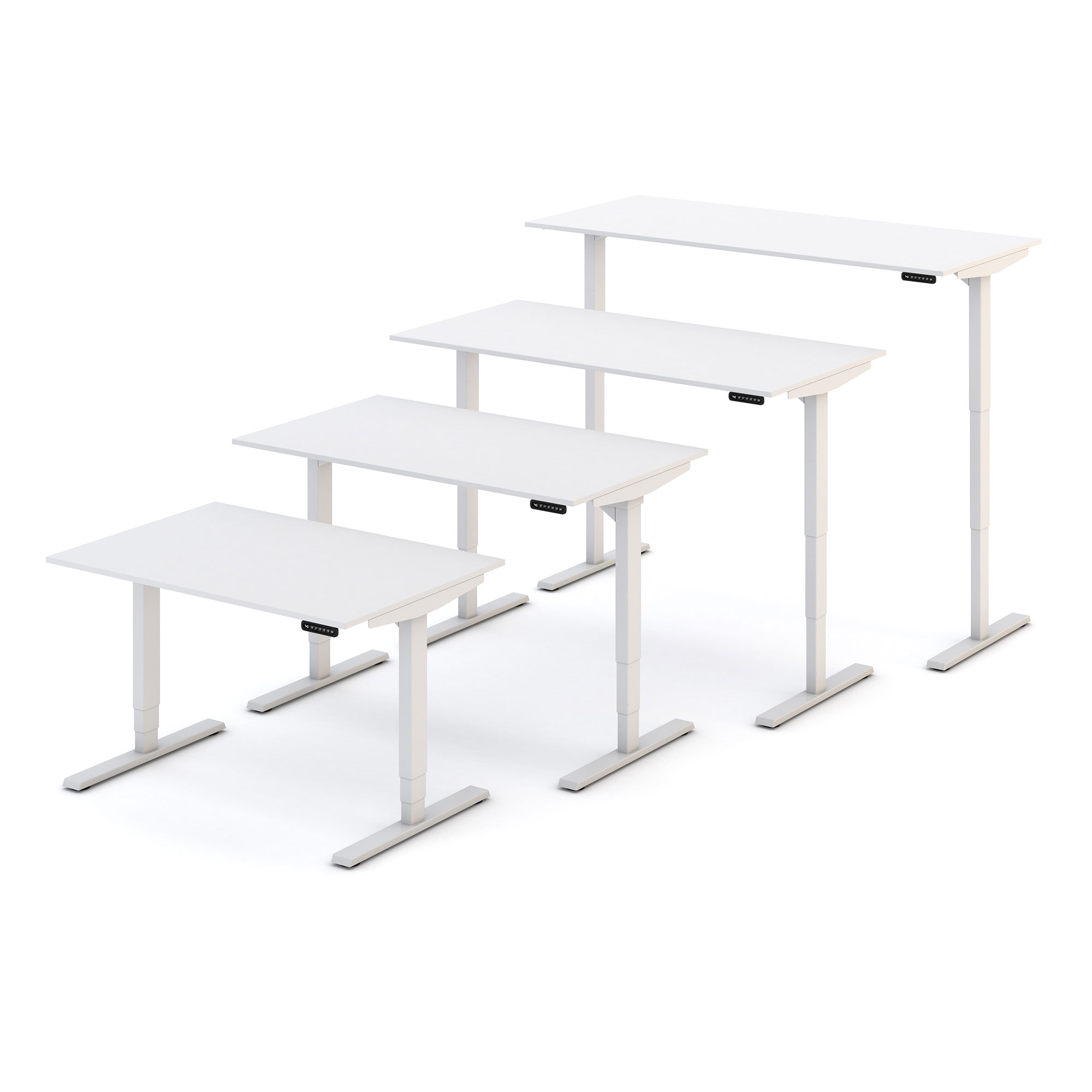 Ein höhenverstellbarer Schreibtisch mit den Maßen 120 cm x 70 cm und einer verstellbaren Höhe von 61 bis 125 cm.