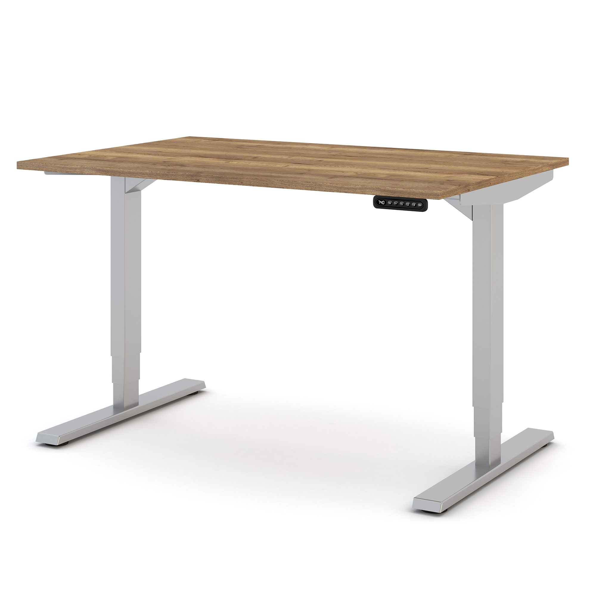 Ein höhenverstellbarer Schreibtisch mit einer Holzplatte und silberfarbenen Metallbeinen.