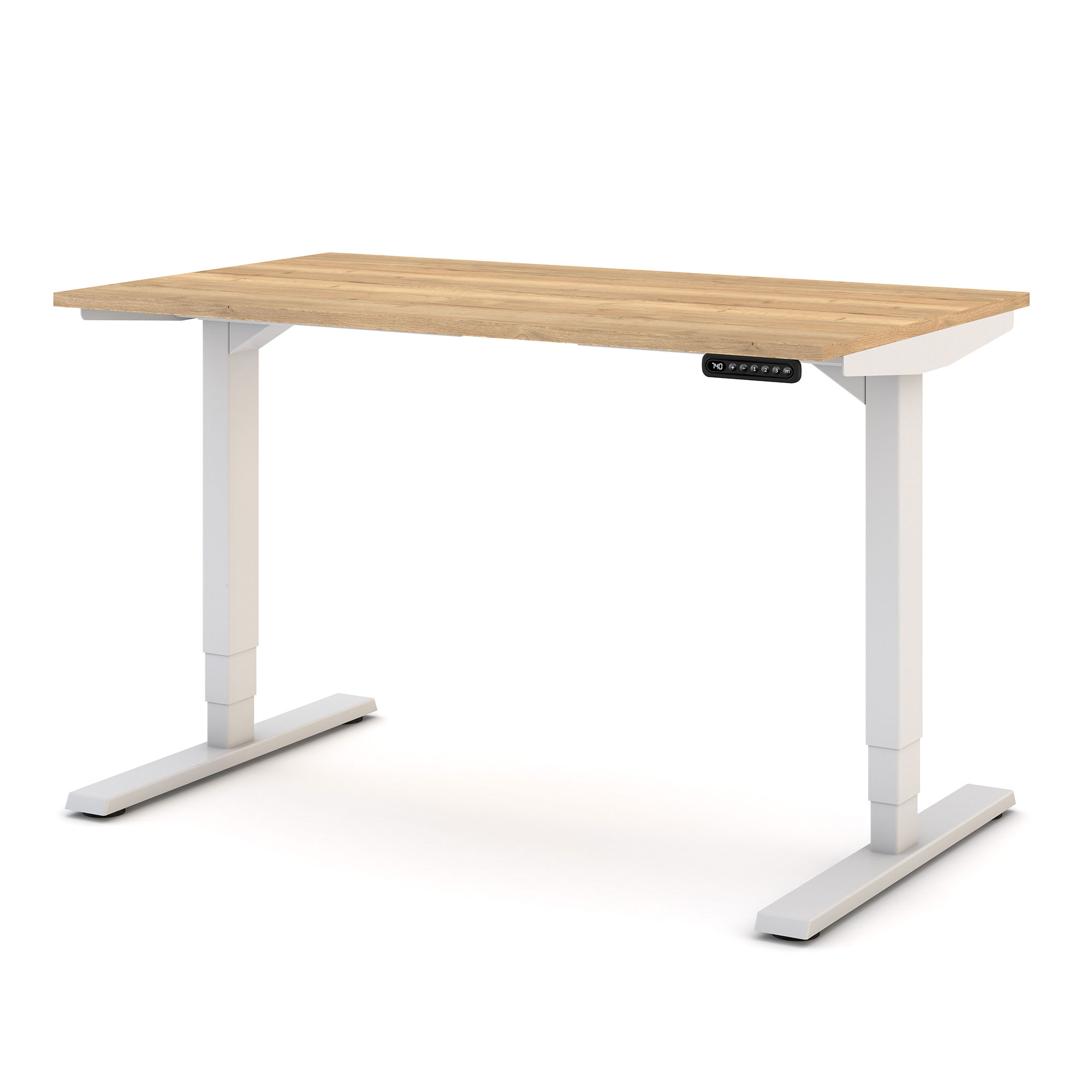 Ein höhenverstellbarer Schreibtisch mit Holzplatte und weißen Füßen.