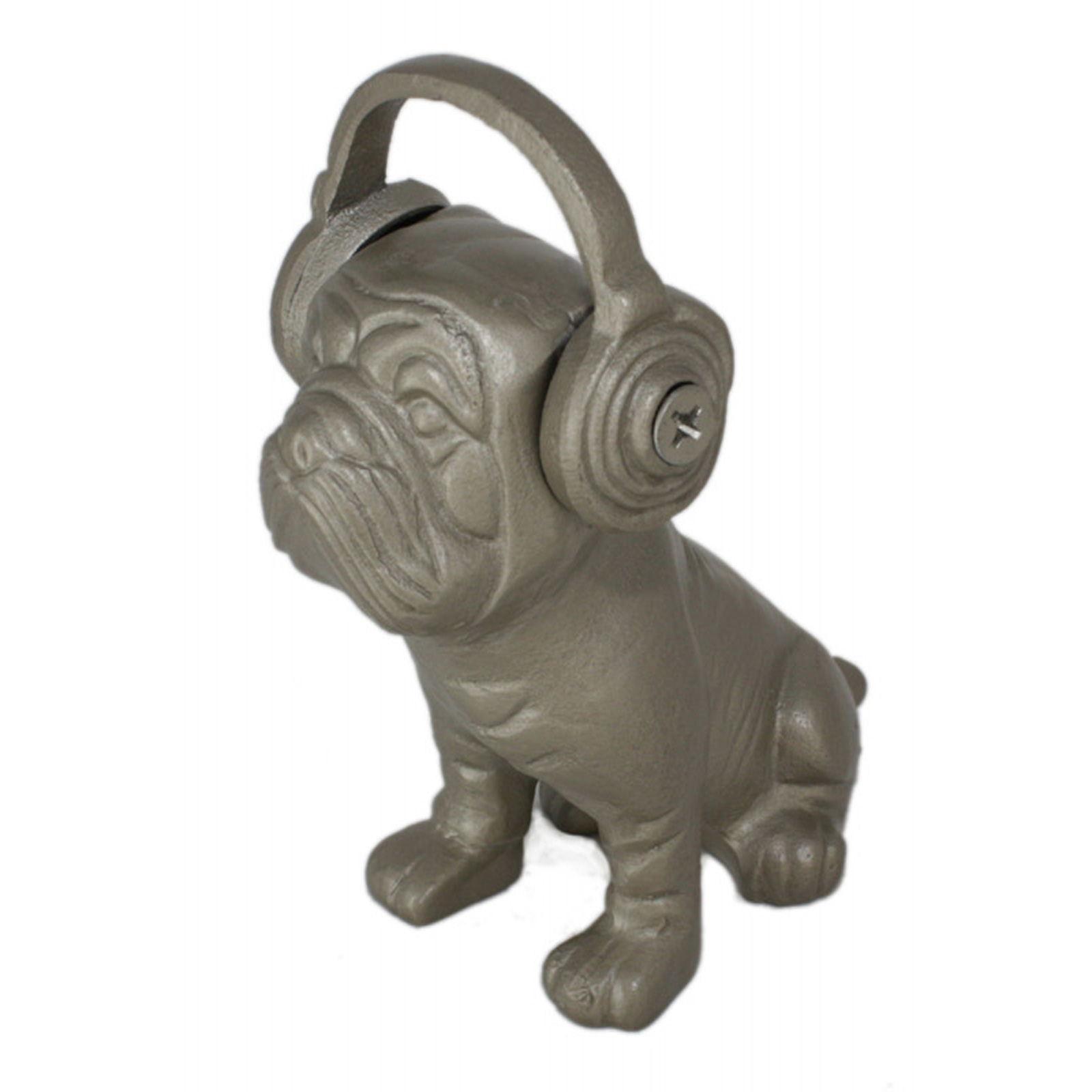 Deko Hund Dekofigur eines Hundes mit Kopfhörern aus Metall in grau