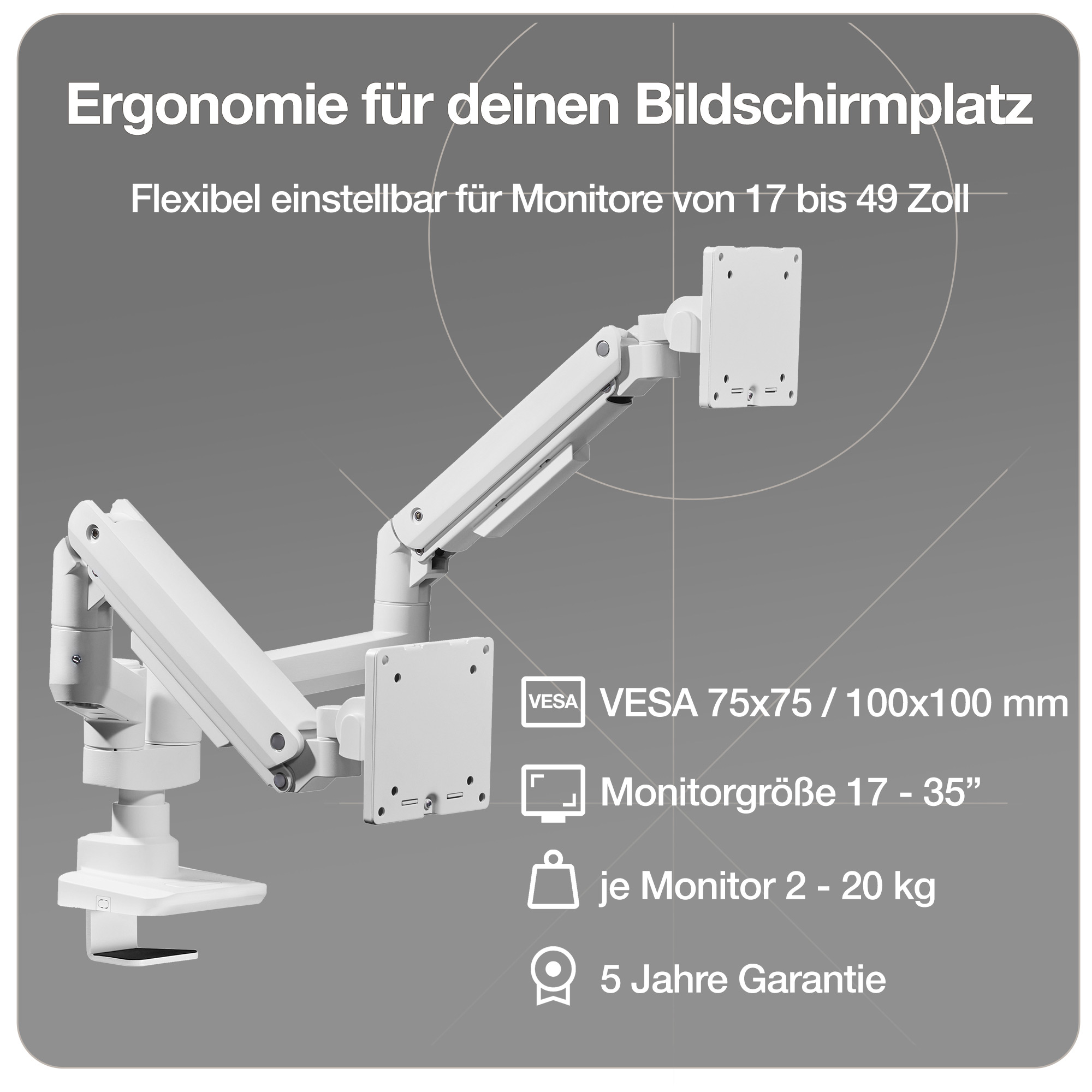 Doppel-Monitorarm in weiß mit Gasfeder für 2 Monitore 17–35 Zoll bis je 20kg