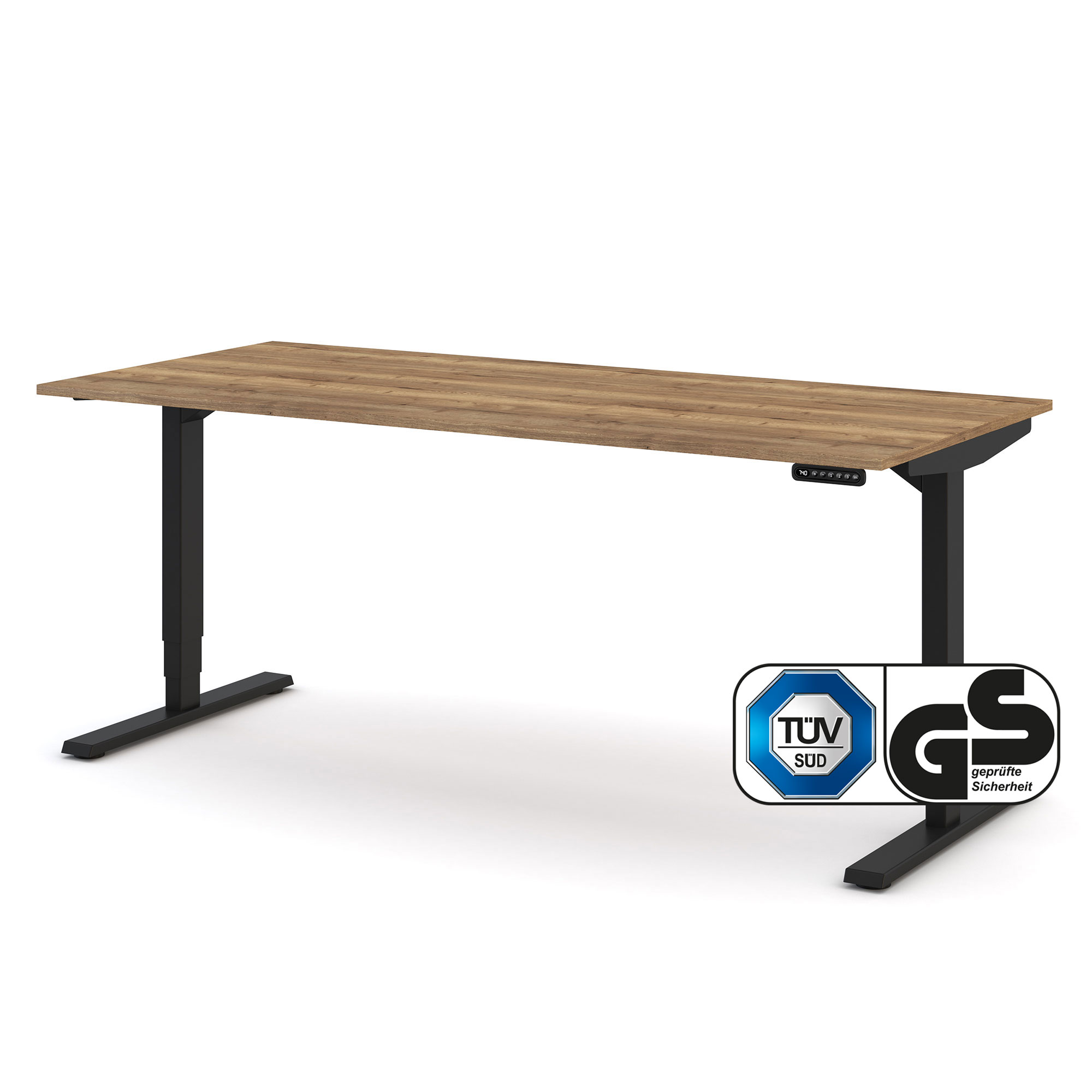 Schreibtisch mit dunklem Gestell und Holzplatte, GS- und TÜV-zertifiziert