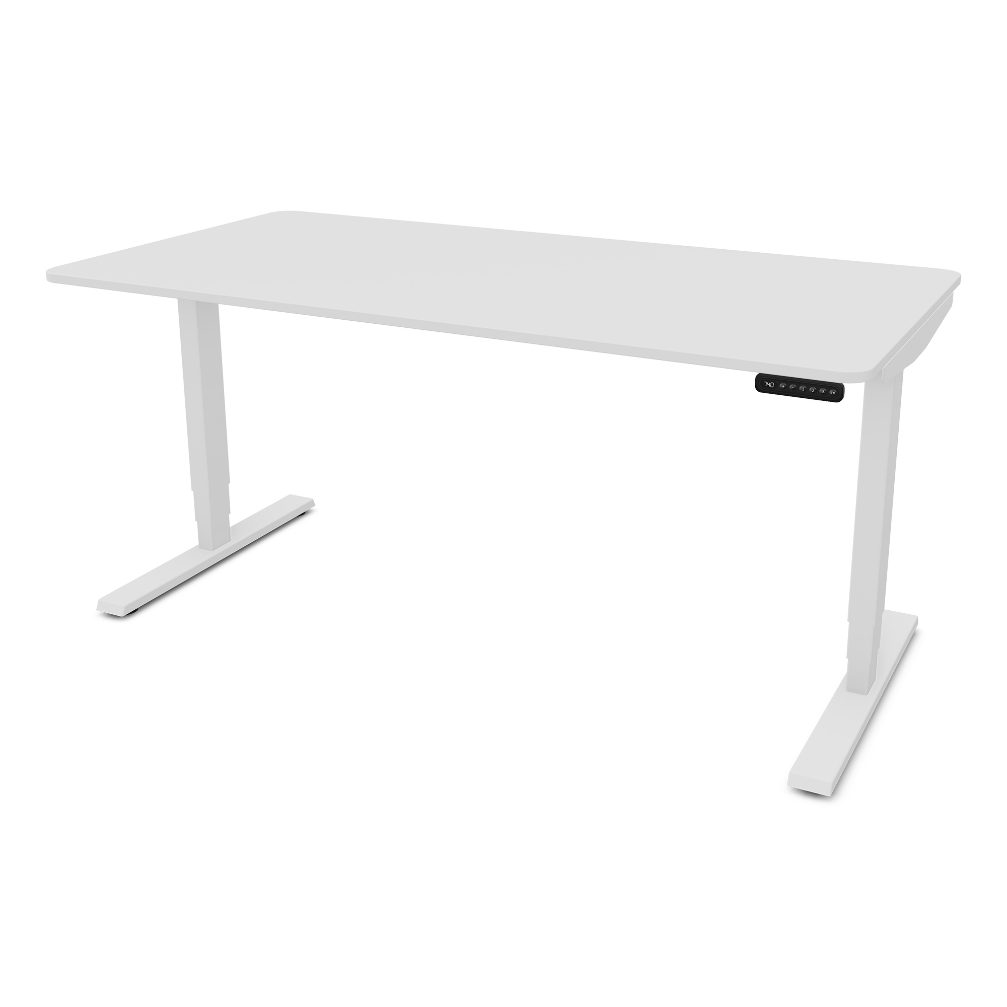 Ein weißer Schreibtisch mit höhenverstellbaren Beinen und Bedienelementen an der Seite.