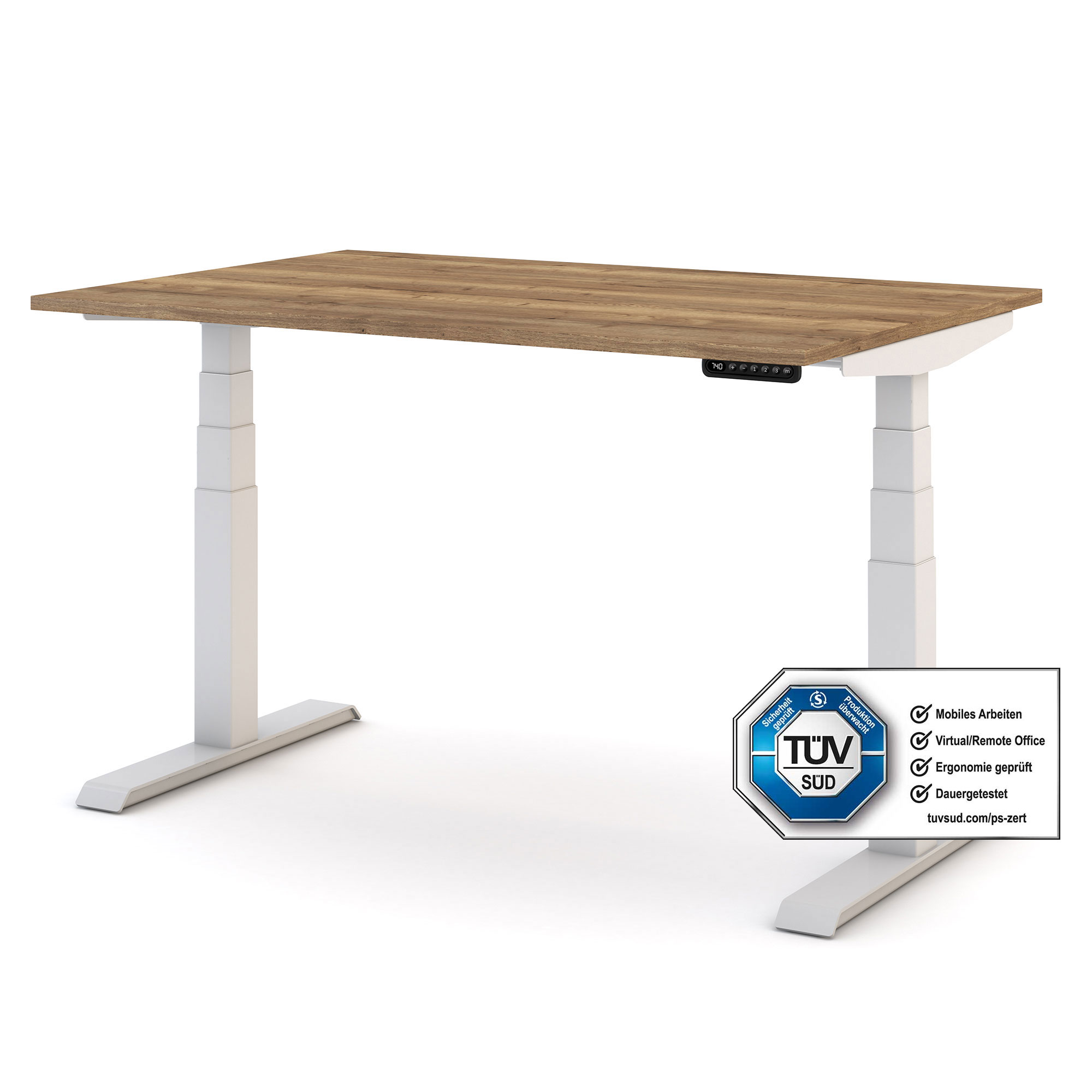 Höhenverstellbarer Schreibtisch mit Holzplatte, weißem Gestell und TÜV SÜD Zertifizierung.