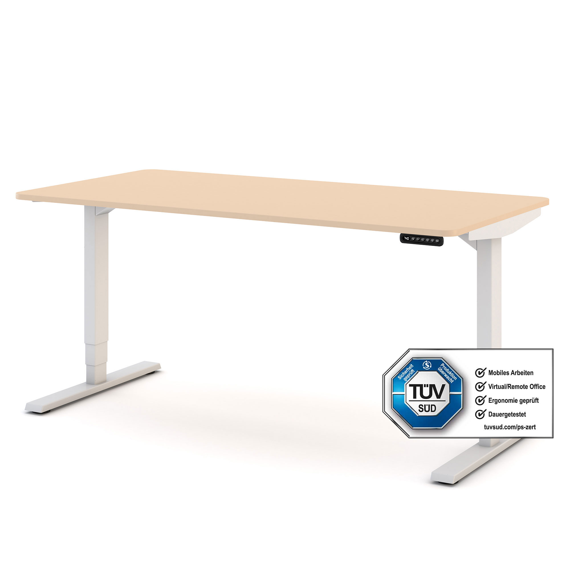Höhenverstellbarer Schreibtisch mit beigem Holzdekor und TÜV SÜD Zertifikat.