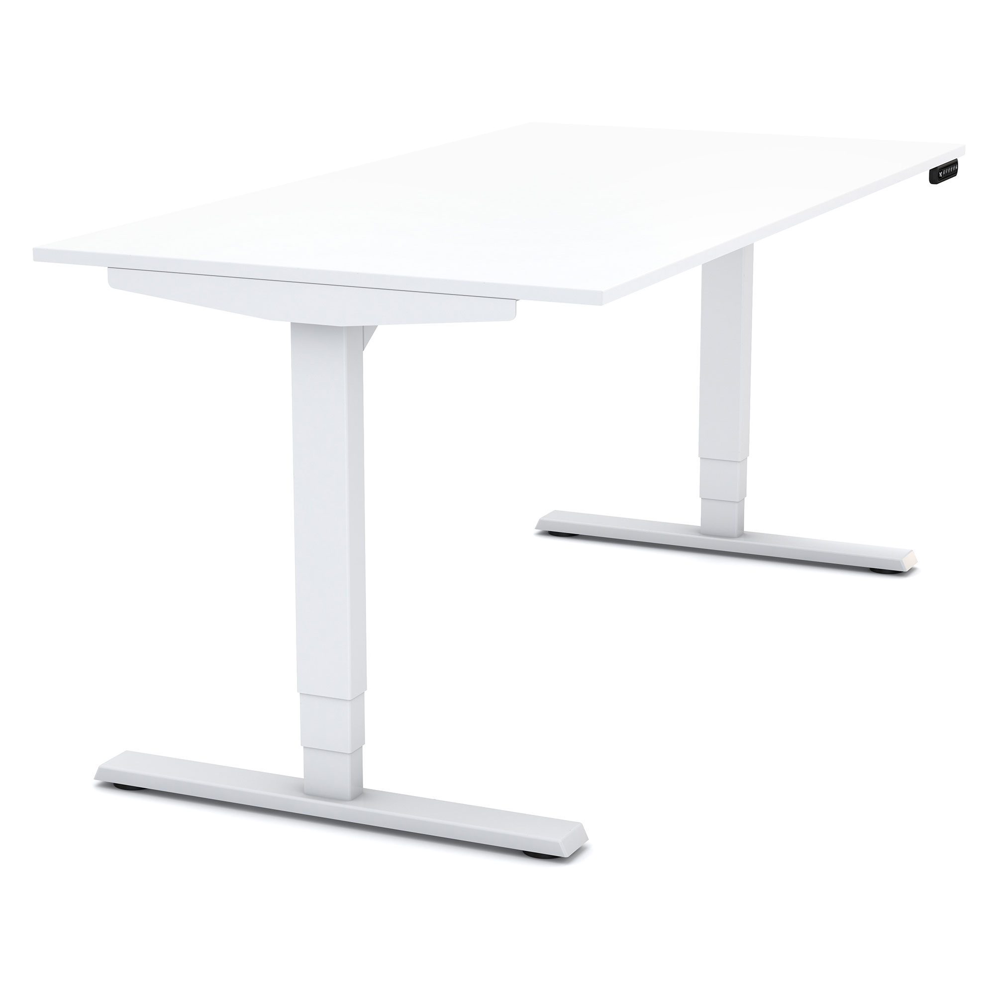 Elektrisch höhenverstellbarer Schreibtisch in Weiß mit T-Fuß-Gestell für ergonomisches Arbeiten