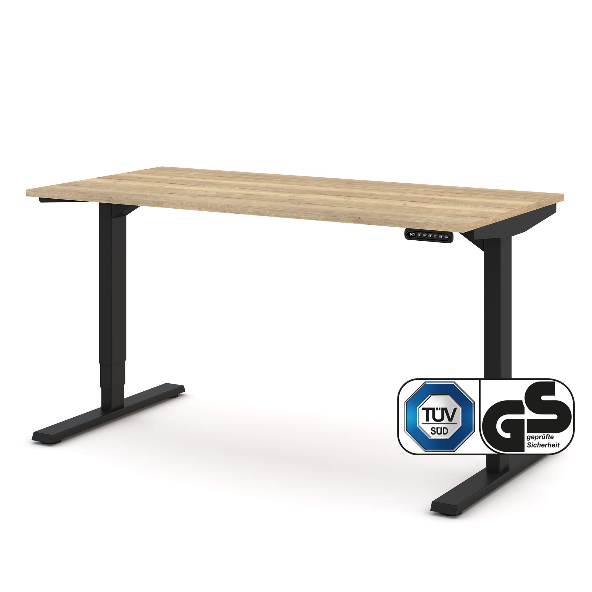 Elektrisch höhenverstellbarer Schreibtisch Y-Line Ein höhenverstellbarer Schreibtisch mit Holzplatte und schwarzem Gestell, ausgestattet mit TÜV- und GS-Sicherheitssiegel.