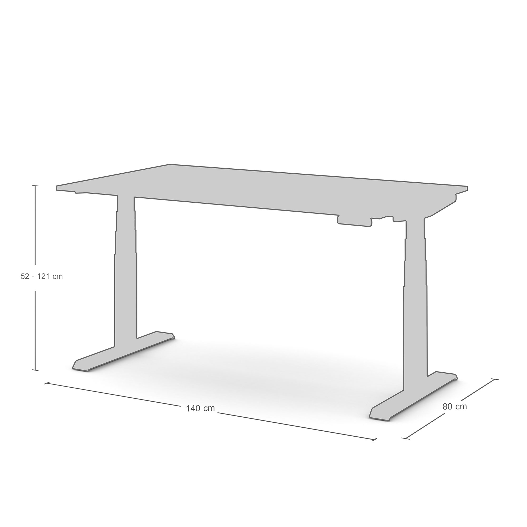 Technische Skizze des elektrisch höhenverstellbaren Schreibtischs Modell „Pitino“ von ASSMANN mit rechteckiger Tischplatte (Maße: 140 cm Breite × 80 cm Tiefe) und Höhenverstellbereich etwa 52 cm bis 121 cm.