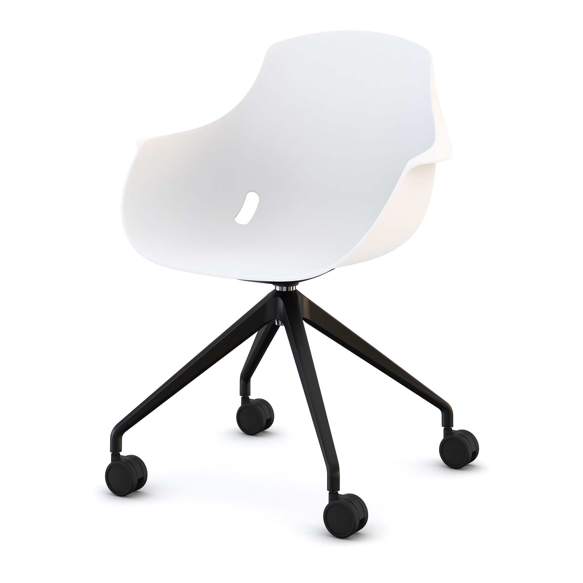 Moderner Bürostuhl mit weißer Sitzschale und schwarzen Rollen.