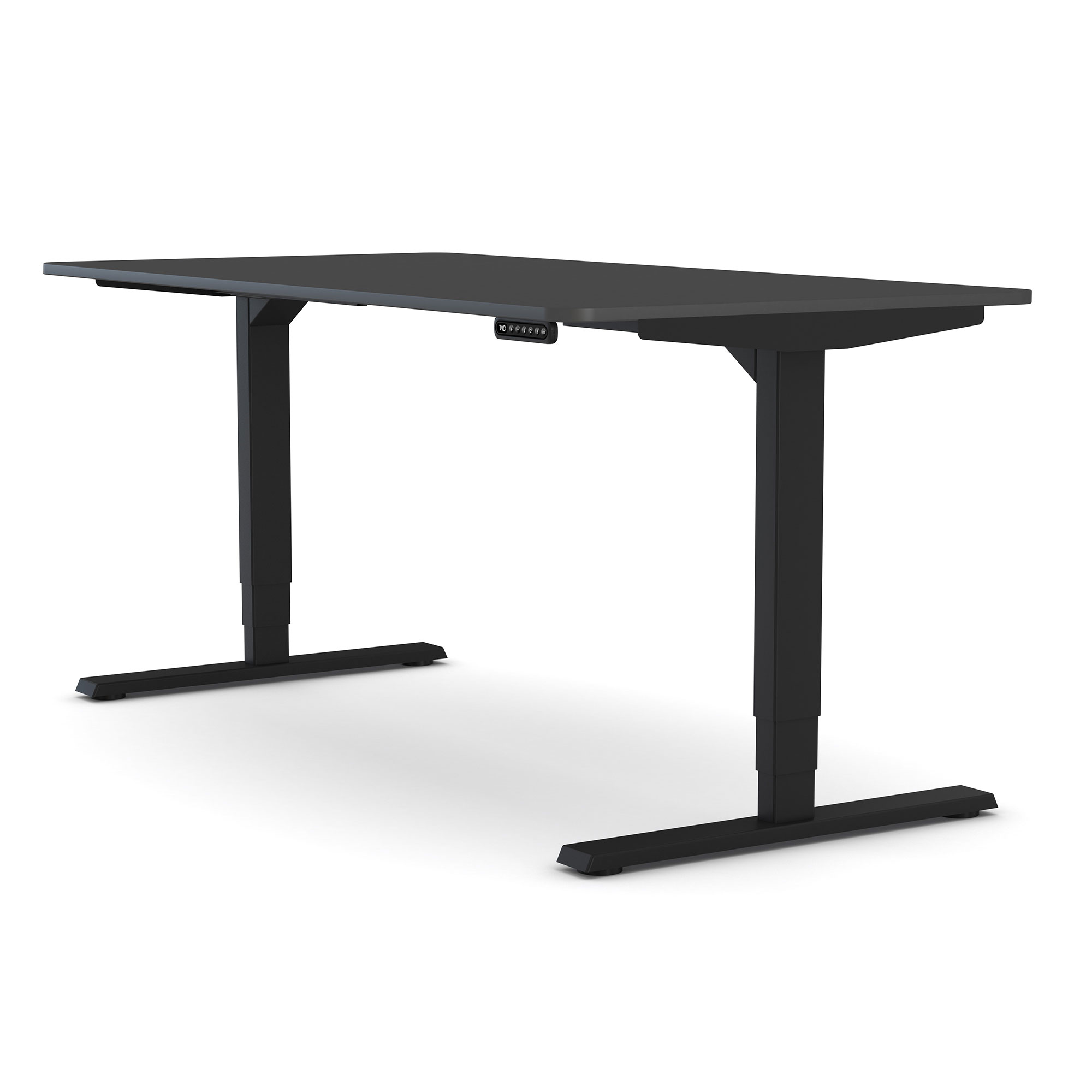 Höhenverstellbarer Schreibtisch mit schwarzem Gestell und dunkler Tischplatte