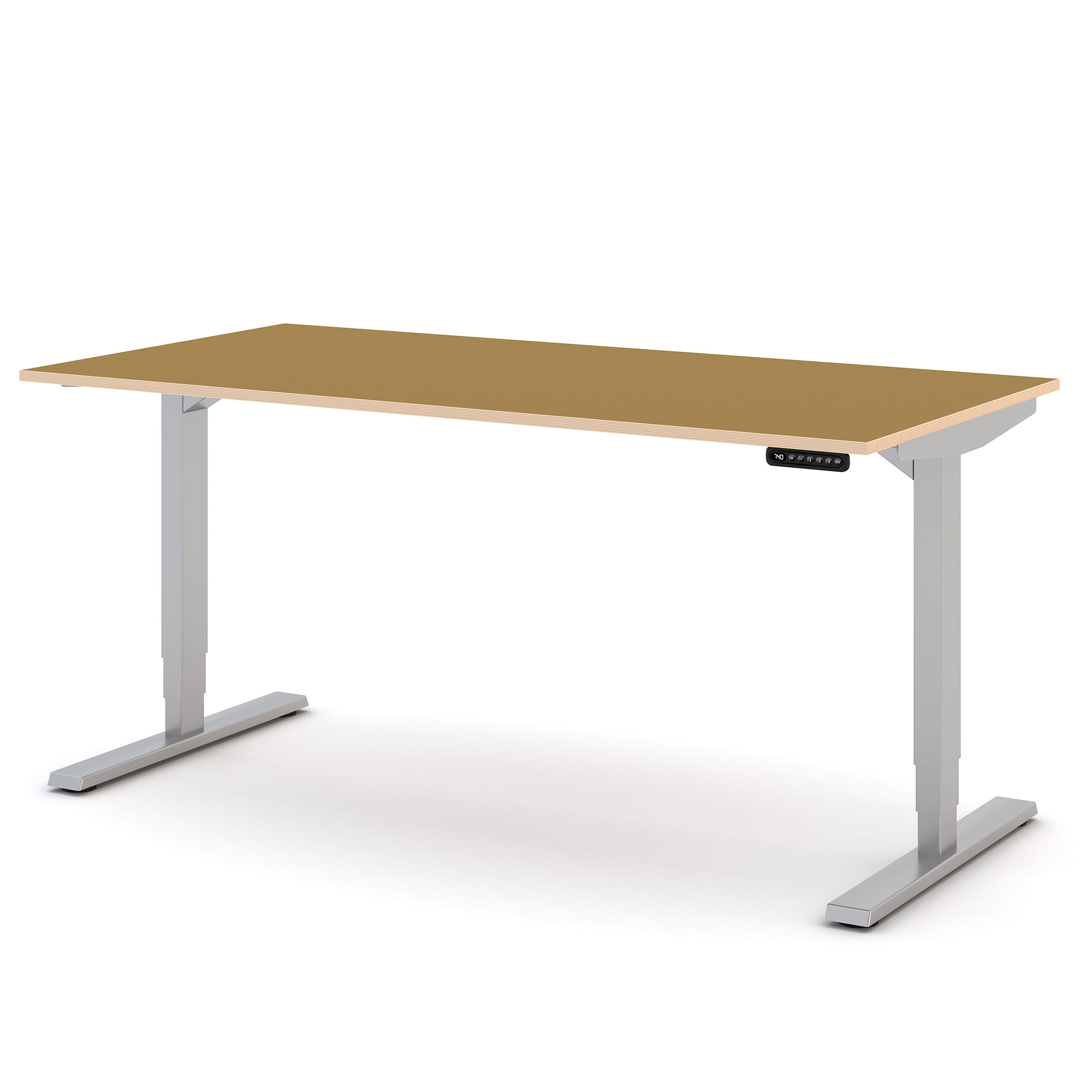 Höhenverstellbarer Schreibtisch mit silbernem Gestell und brauner Tischplatte.