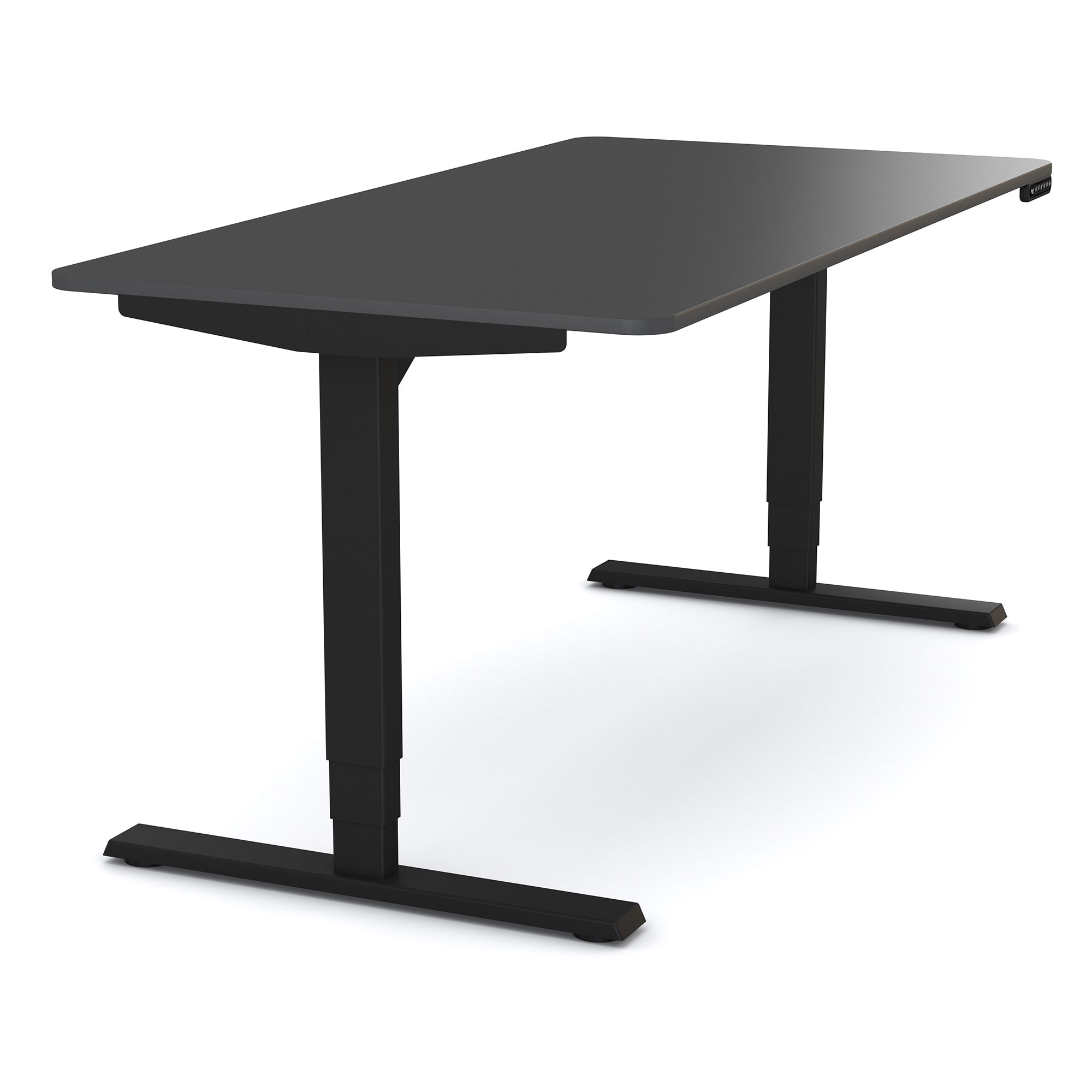 Höhenverstellbarer Schreibtisch mit schwarzem Gestell und dunkler Tischplatte