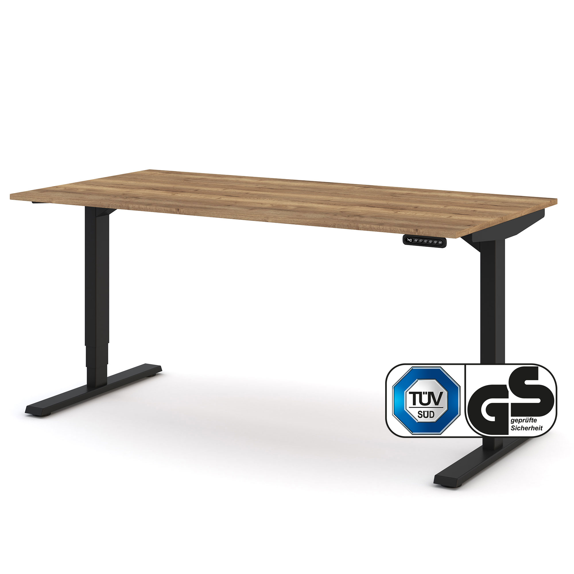 Höhenverstellbarer Schreibtisch mit rustikaler Holzplatte und schwarzem Gestell, TÜV und GS geprüft.