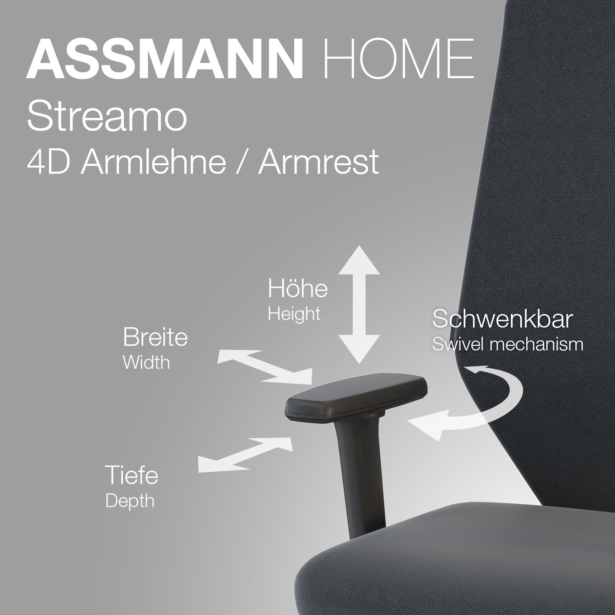 Bild zeigt den 4D Armlehne eines ASSMANN Streamo Bürostuhls mit Beschriftungen zu Breite, Höhe, Tiefe und Schwenkmechanismus.