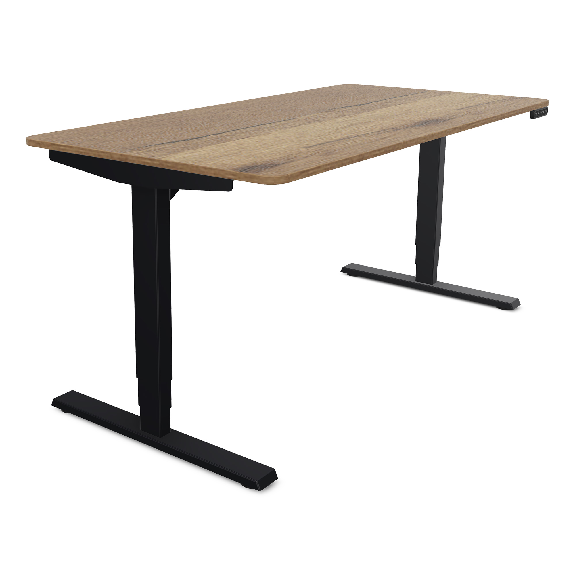 Ein moderner Schreibtisch mit einer Holzplatte und schwarzen Metallbeinen.