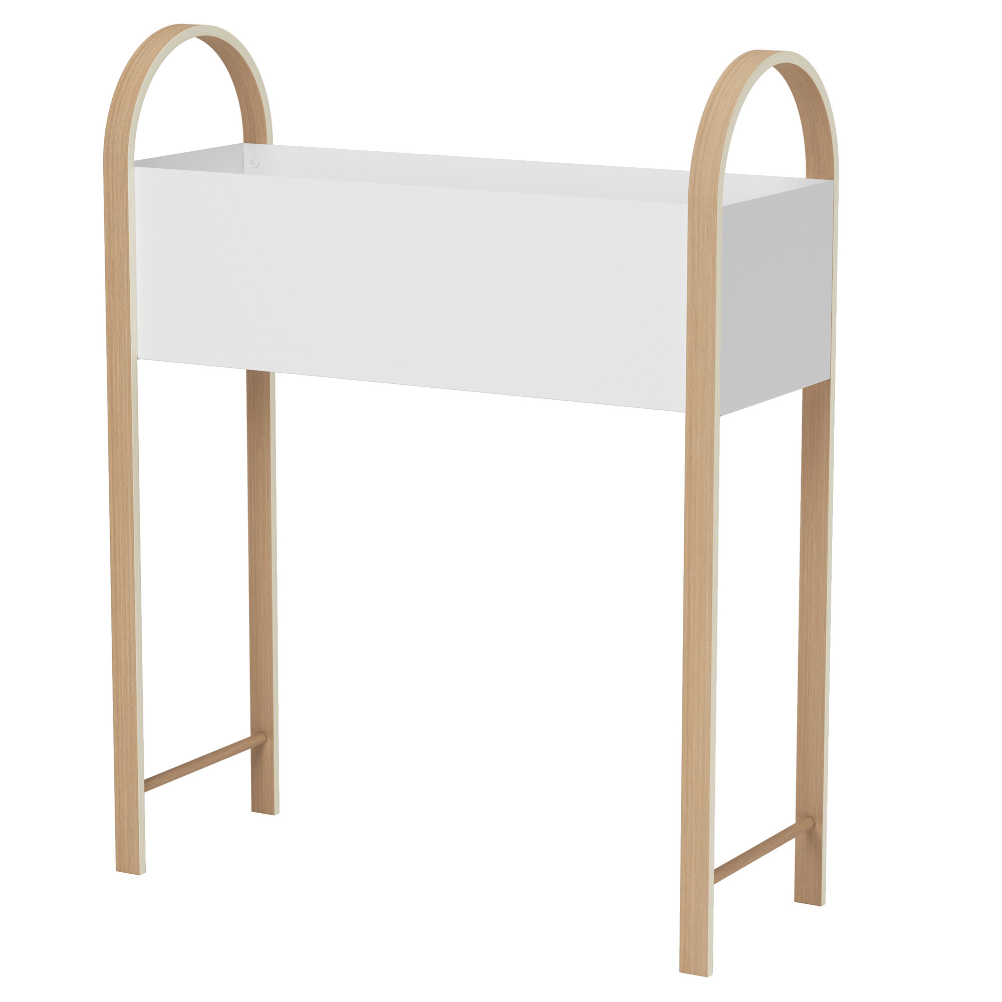 Regal Bellwood Ein minimalistisches Möbelstück mit weißen Kasten und Holzbeinen in geschwungener Form.