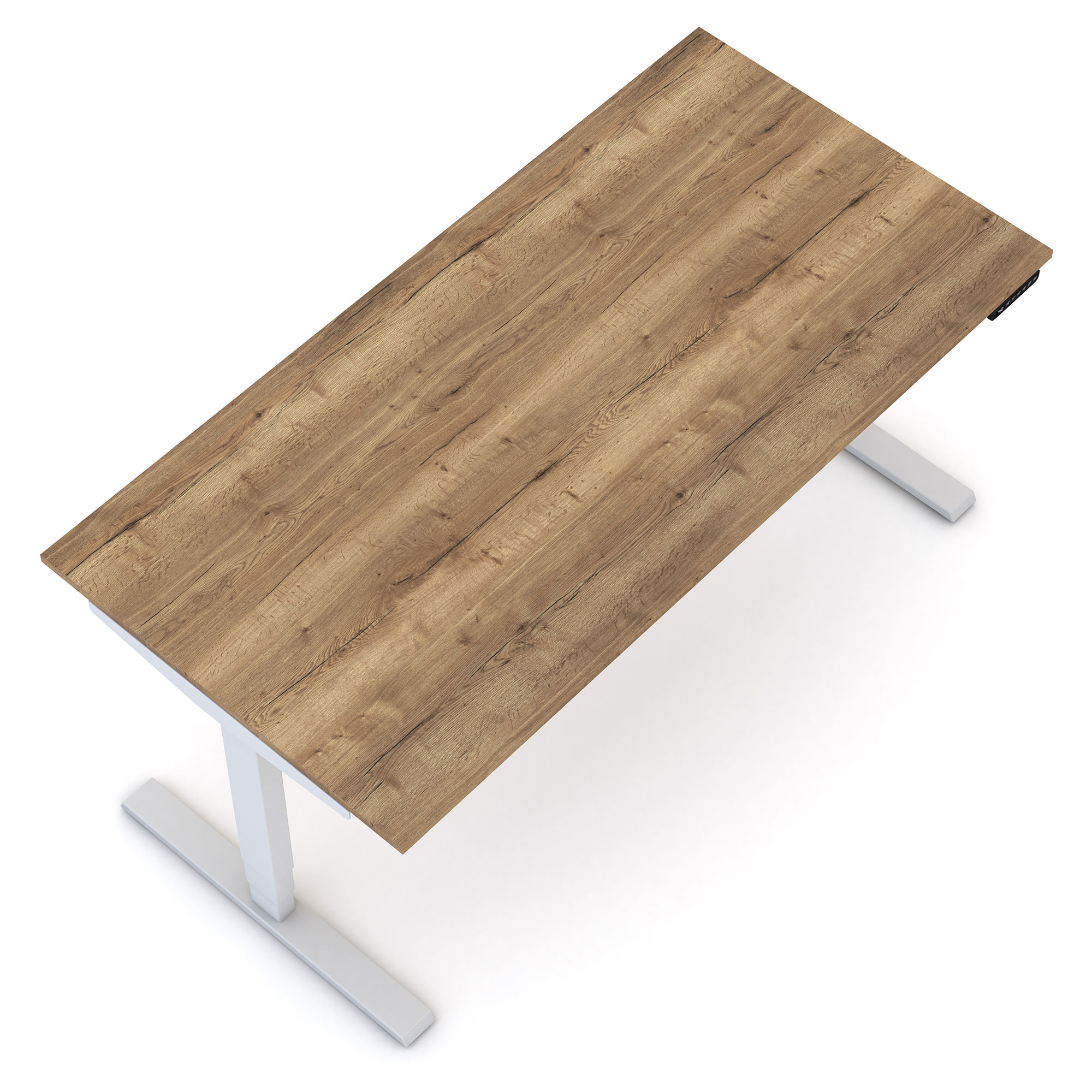 Schreibtischplatte in Holzoptik mit weißem höhenverstellbarem Gestell aus der Vogelperspektive.