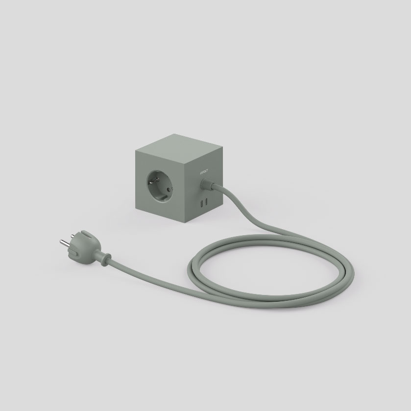 Mehrfachsteckdose Square 1 - USB-C Würfelförmige AVOLT Mehrfachsteckdose in Grün mit USB-C und Verlängerungskabel – stilvolle Tischsteckdose für Home-Office oder Wohnraum