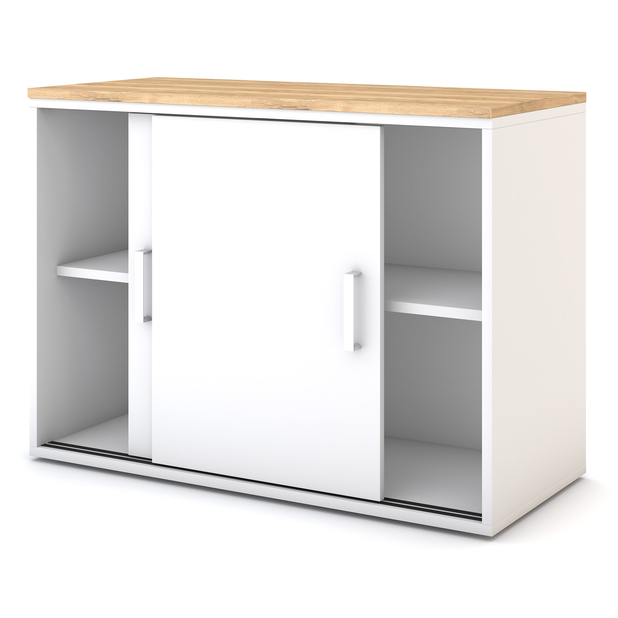 Weißer Büroschrank mit Schiebetüren und Holzplatte.