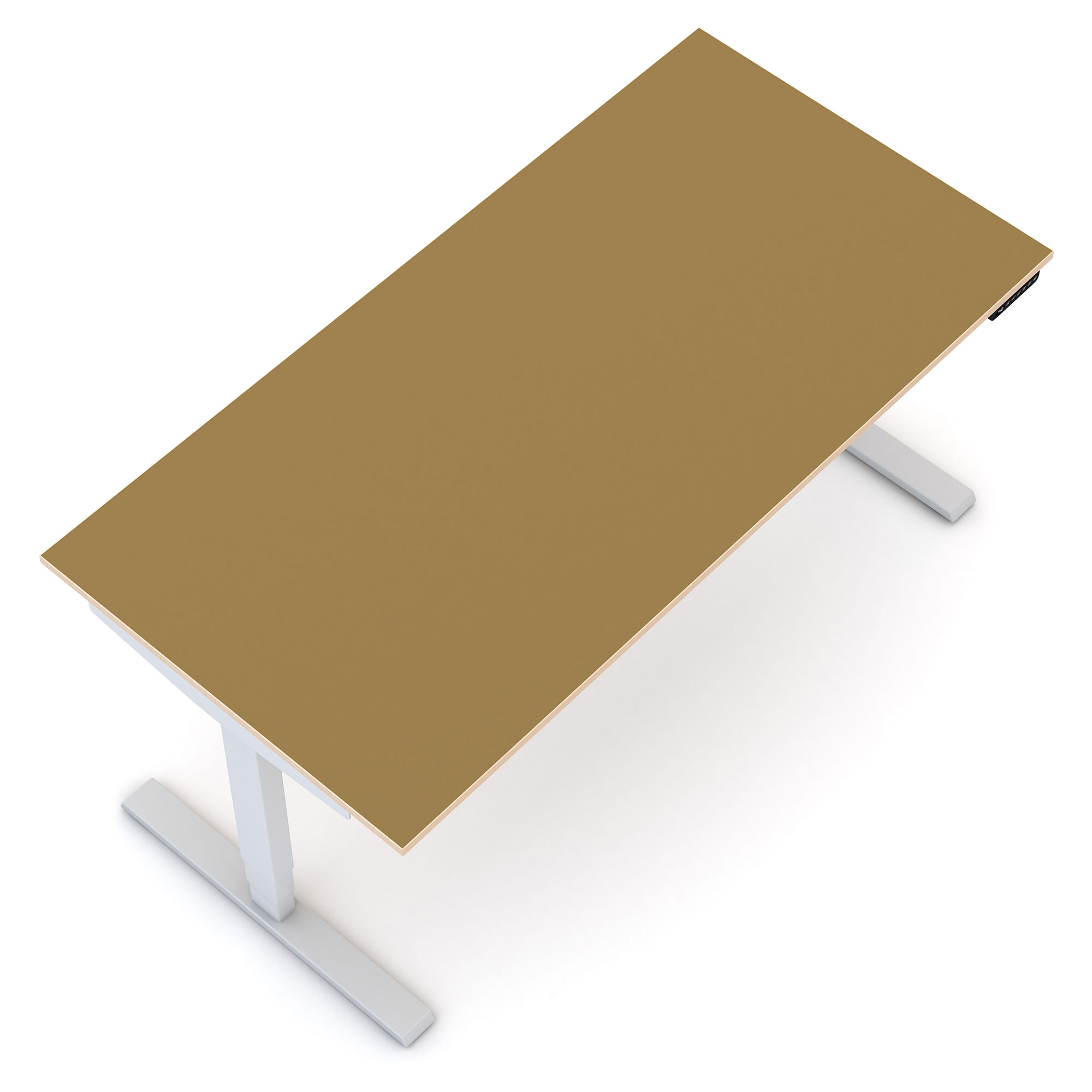 Schreibtisch mit goldbrauner Oberfläche und weißem Gestell in moderner, höhenverstellbarer Ausführung