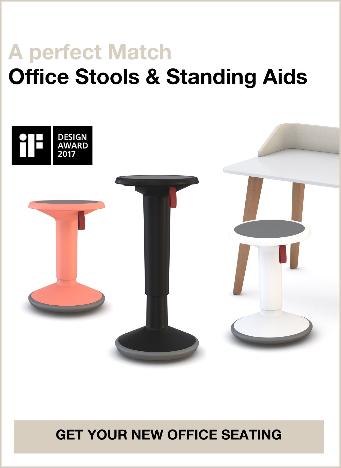 Drei höhenverstellbare Bürohocker in Schwarz, Weiß und Koralle mit iF Design Award