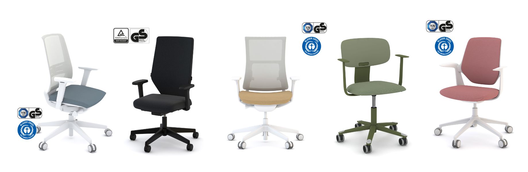 Fünf ergonomische Bürostühle in verschiedenen Farben und Ausführungen mit Prüfsiegeln