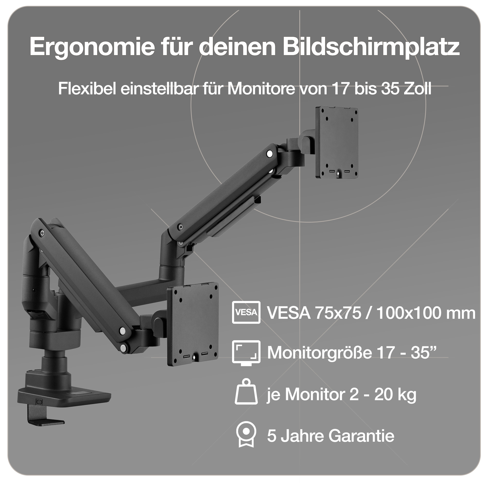 Doppel-Monitorarm in schwarz mit Gasfeder für 2 Monitore 17–35 Zoll  bis je 20kg
