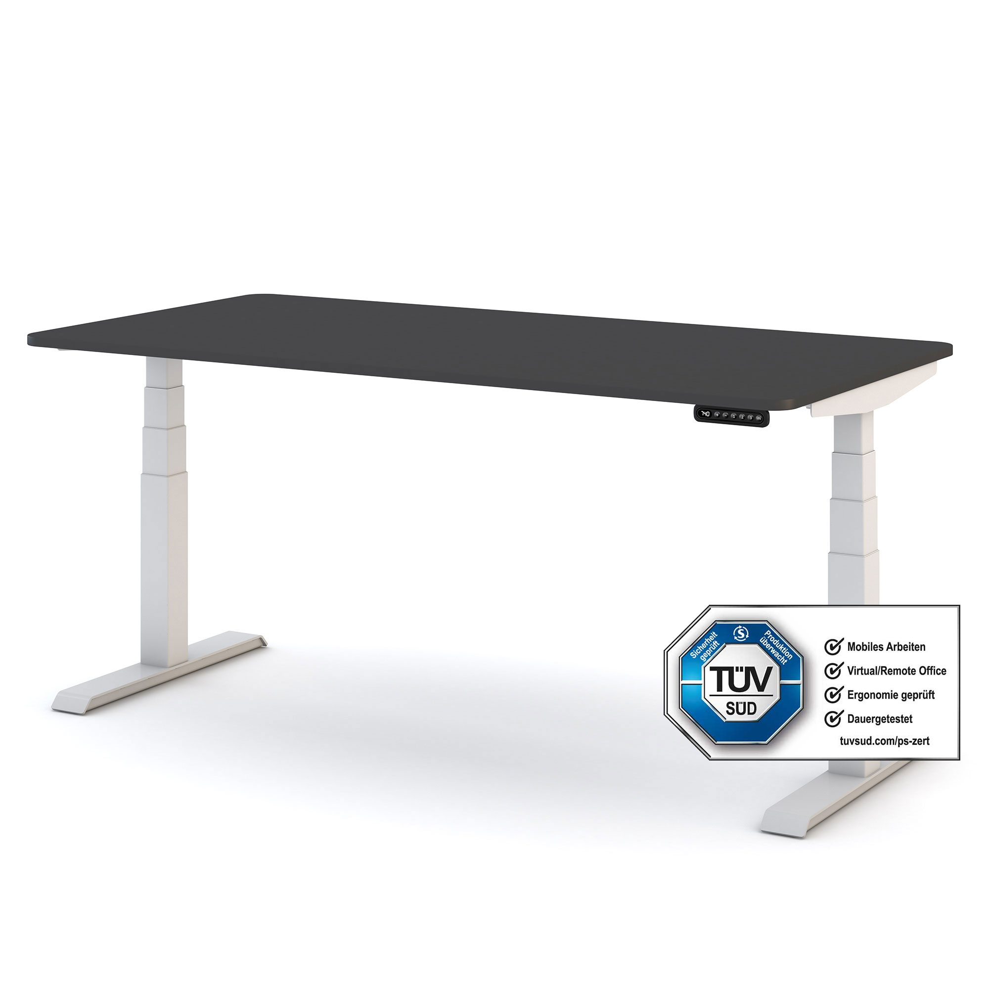 Elektrisch Höhenverstellbarer Familien Schreibtisch Pitino Curved Höhenverstellbarer Schreibtisch mit schwarzer Tischplatte und weißem Gestell mit TÜV-Zertifikat