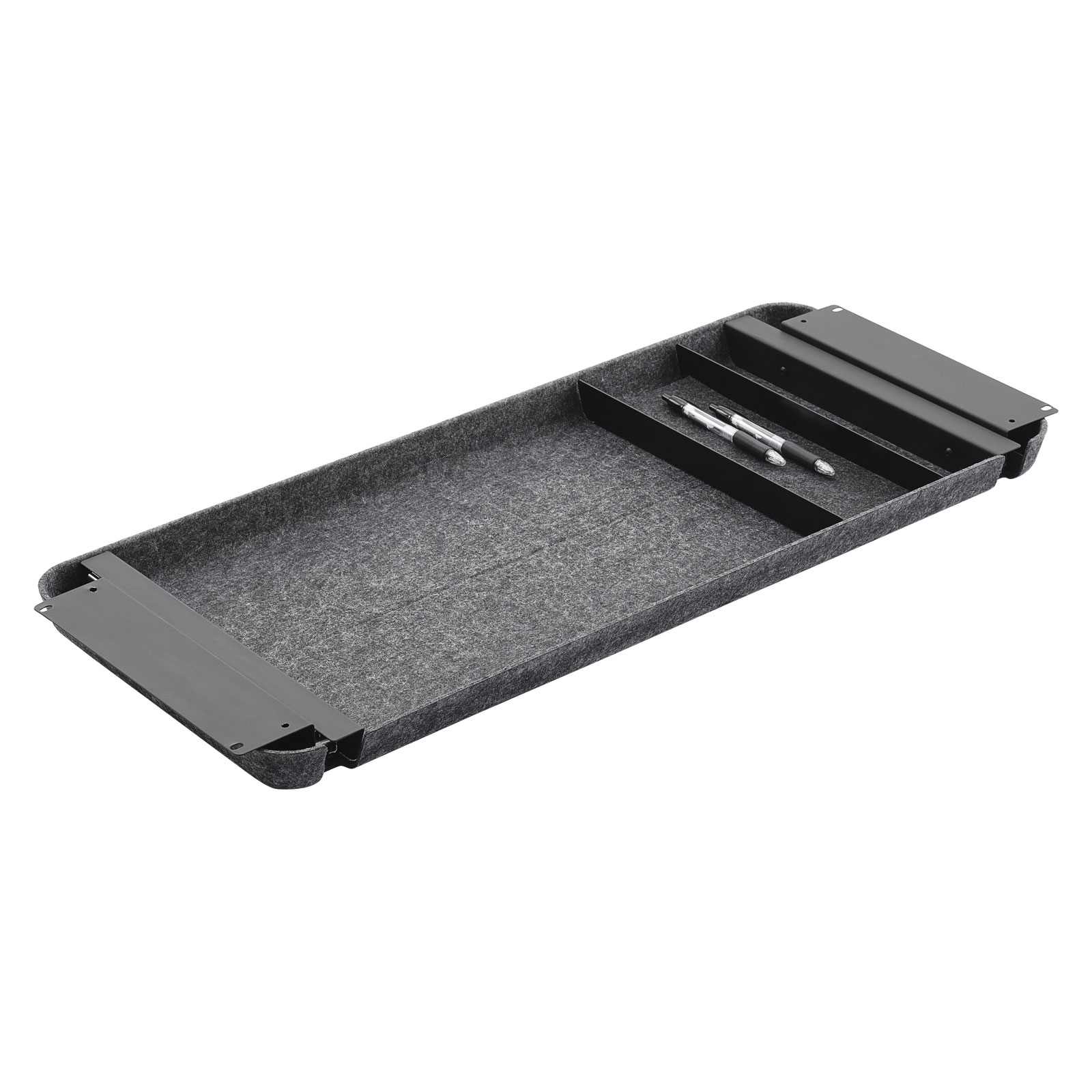 Ein graues Filz-Tablett mit Fächern für Stifte und andere Utensilien.