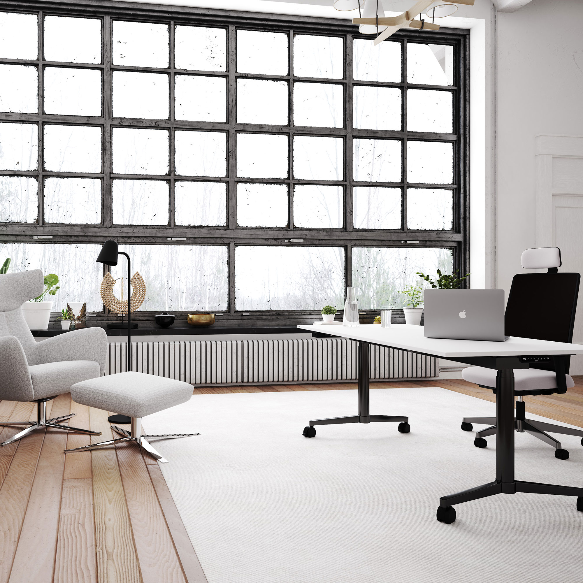 Ein modernes Büro mit großen Fenstern, einem Tisch, einem Stuhl und einer Sitzecke.