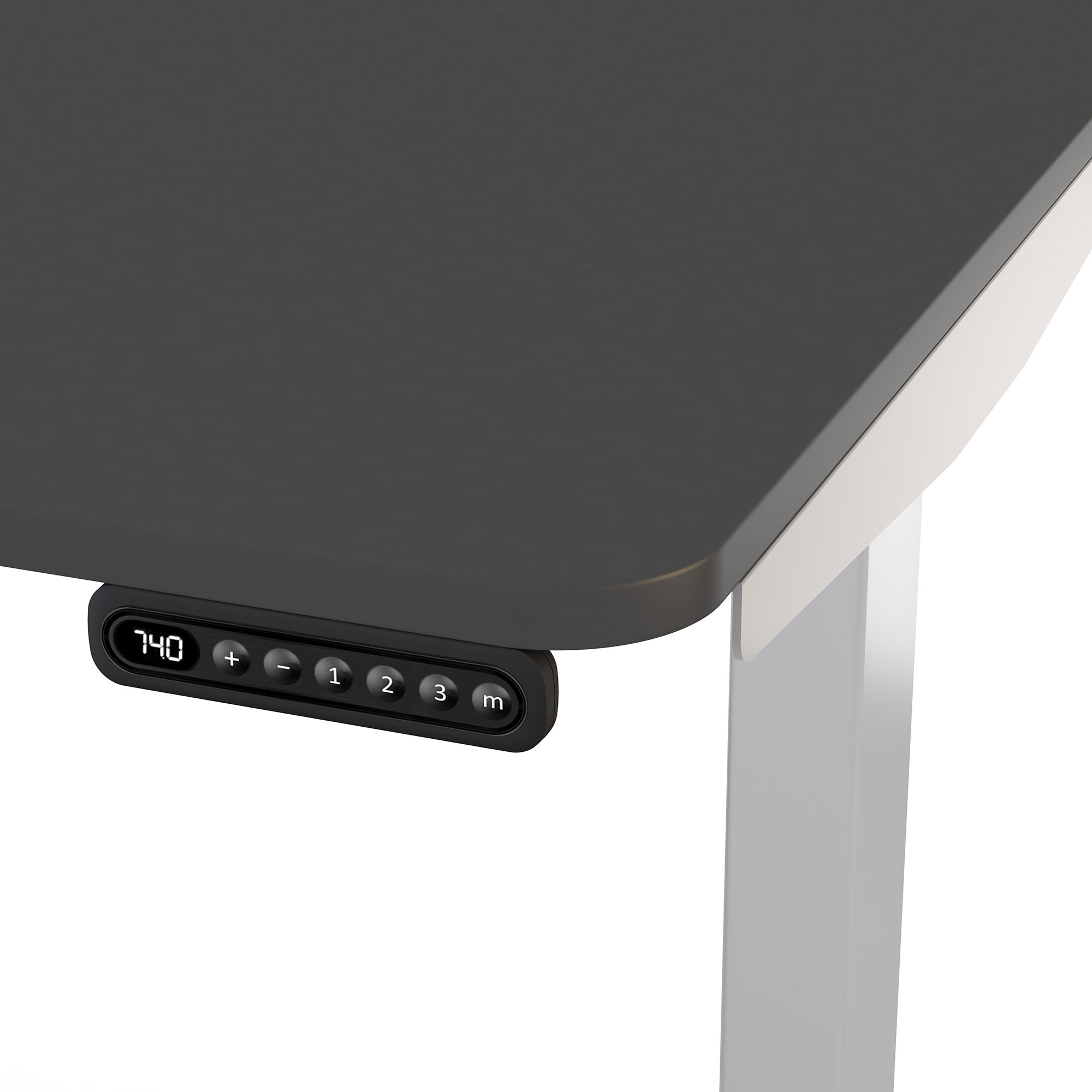 Detailaufnahme des schwarzen Bedienfelds eines höhenverstellbaren Schreibtischs mit Memory-Funktion.