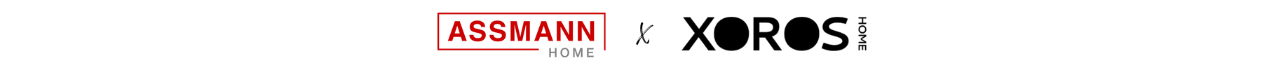 Kombiniertes Logo von ASSMANN HOME und XOROS HOME mit klaren Linien und rotem Akzent
