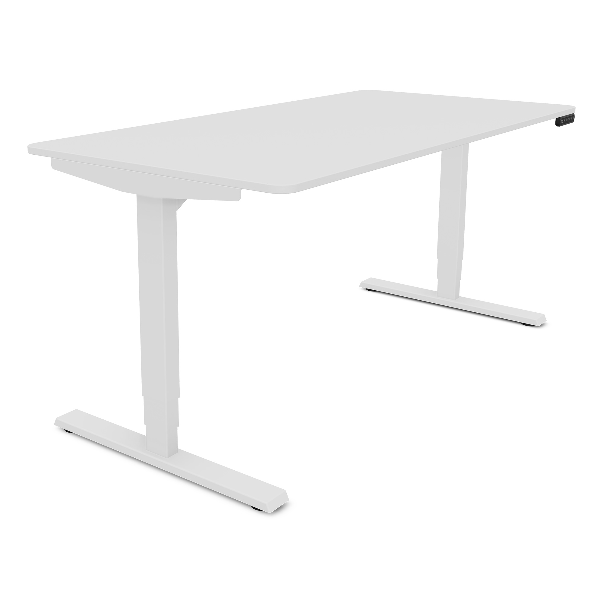 Ein weißer Schreibtisch mit höhenverstellbaren Beinen und Bedienelementen an der Seite.