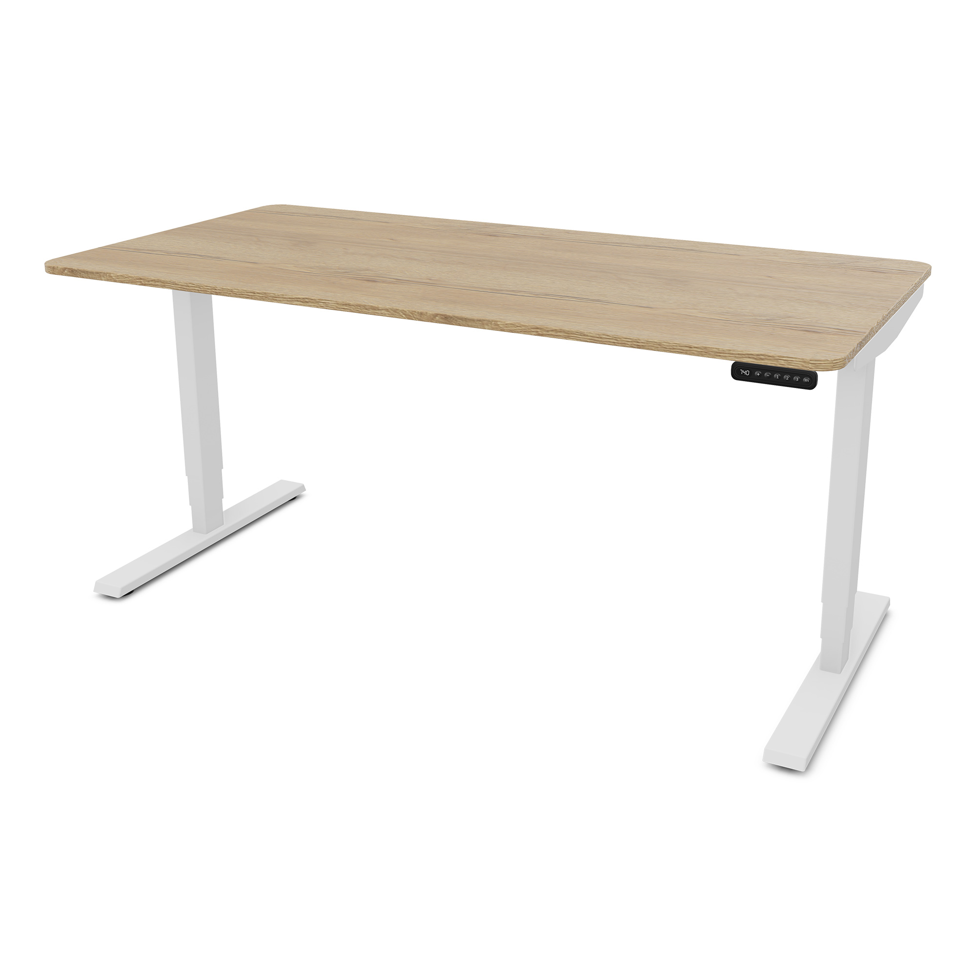 Ein höhenverstellbarer Tisch mit einer Holzplatte und weißen Beinen.