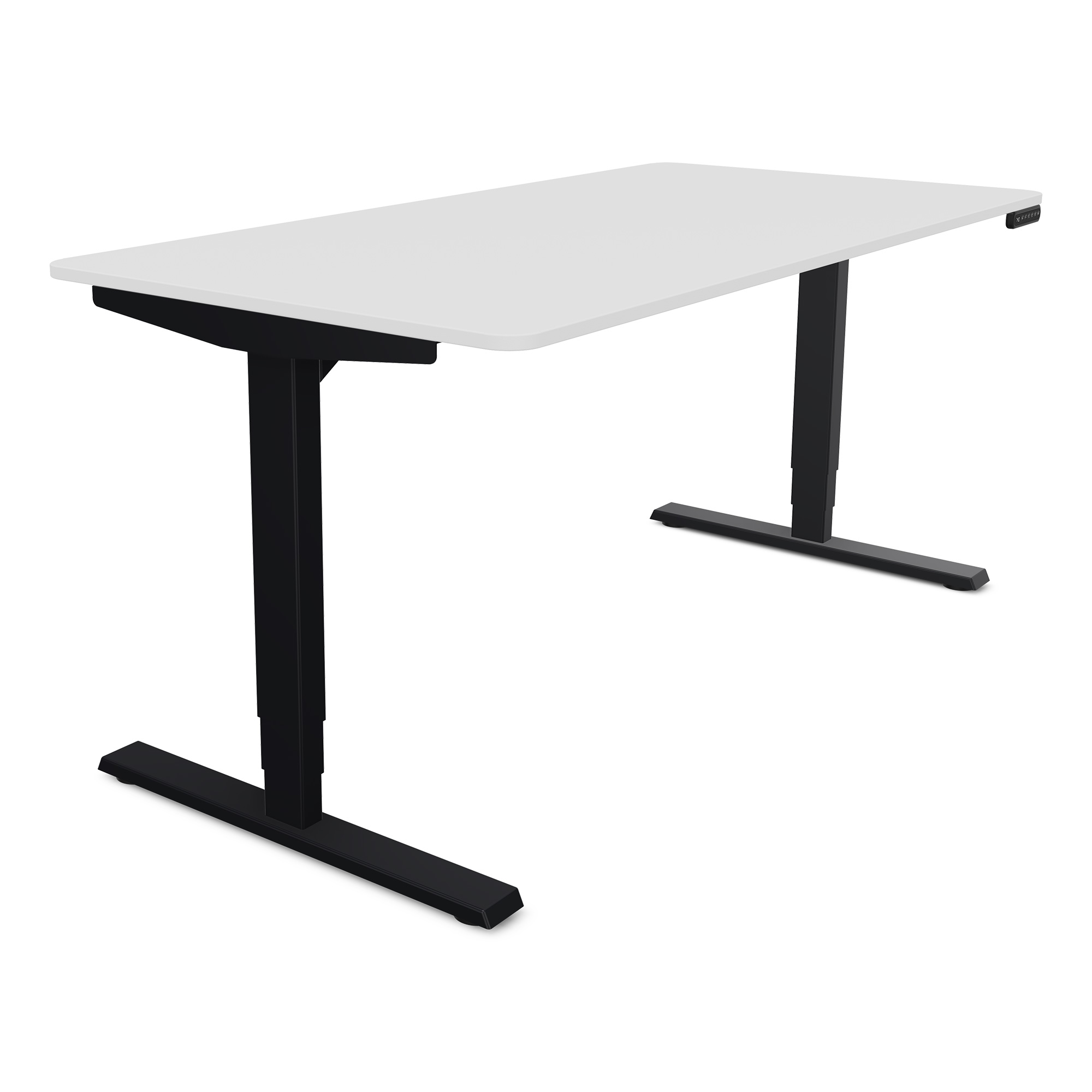 Ein höhenverstellbarer Schreibtisch mit einer weißen Tischplatte und schwarzen Füßen.