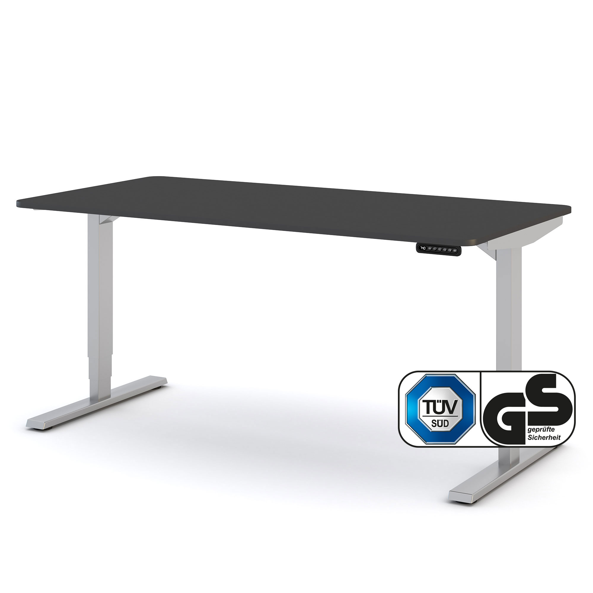 Elektrisch höhenverstellbarer Schreibtisch Y-Line Curved Höhenverstellbarer Schreibtisch mit schwarzer Tischplatte und TÜV- sowie GS-Siegel