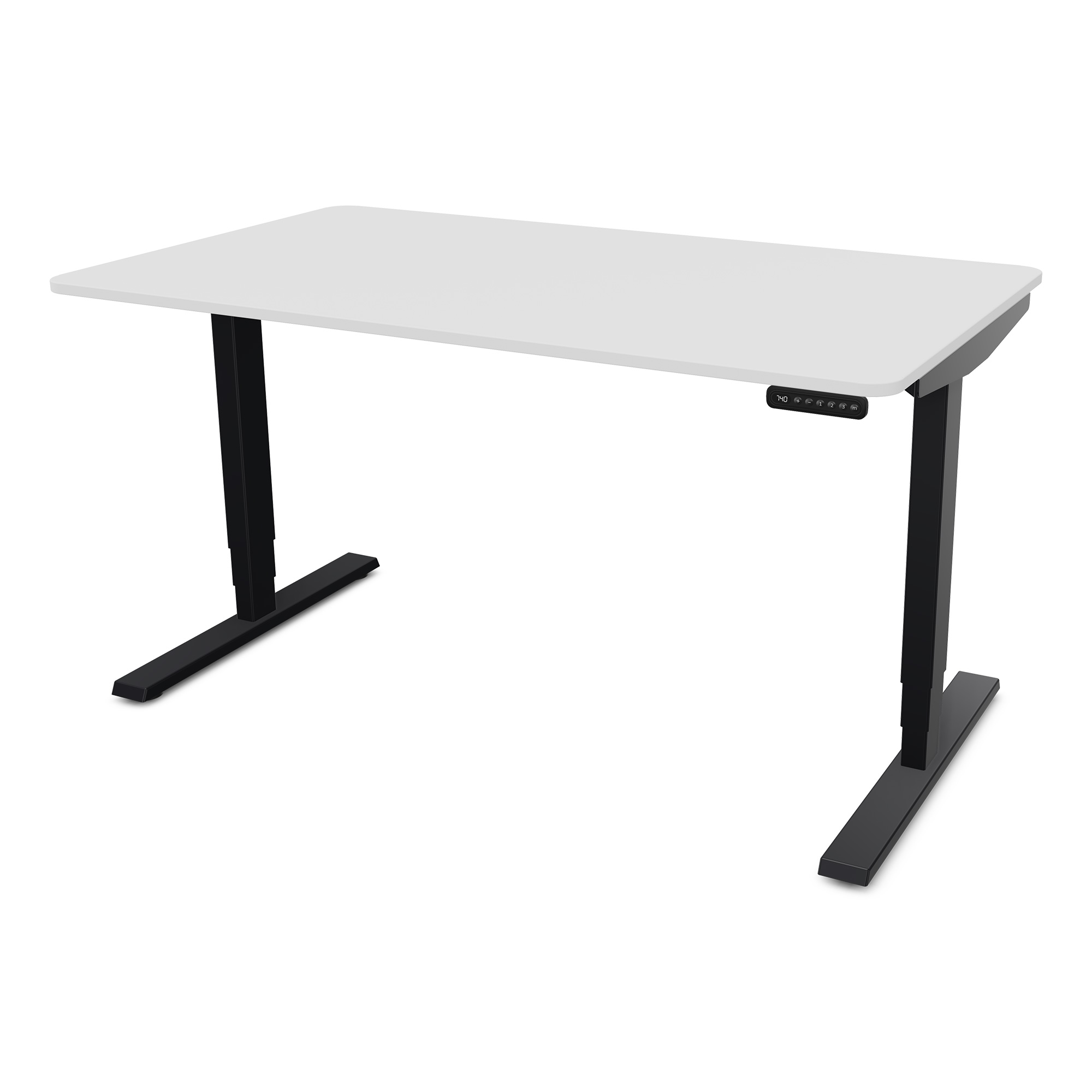 Ein höhenverstellbarer Schreibtisch mit einer weißen Tischplatte und schwarzen Füßen.