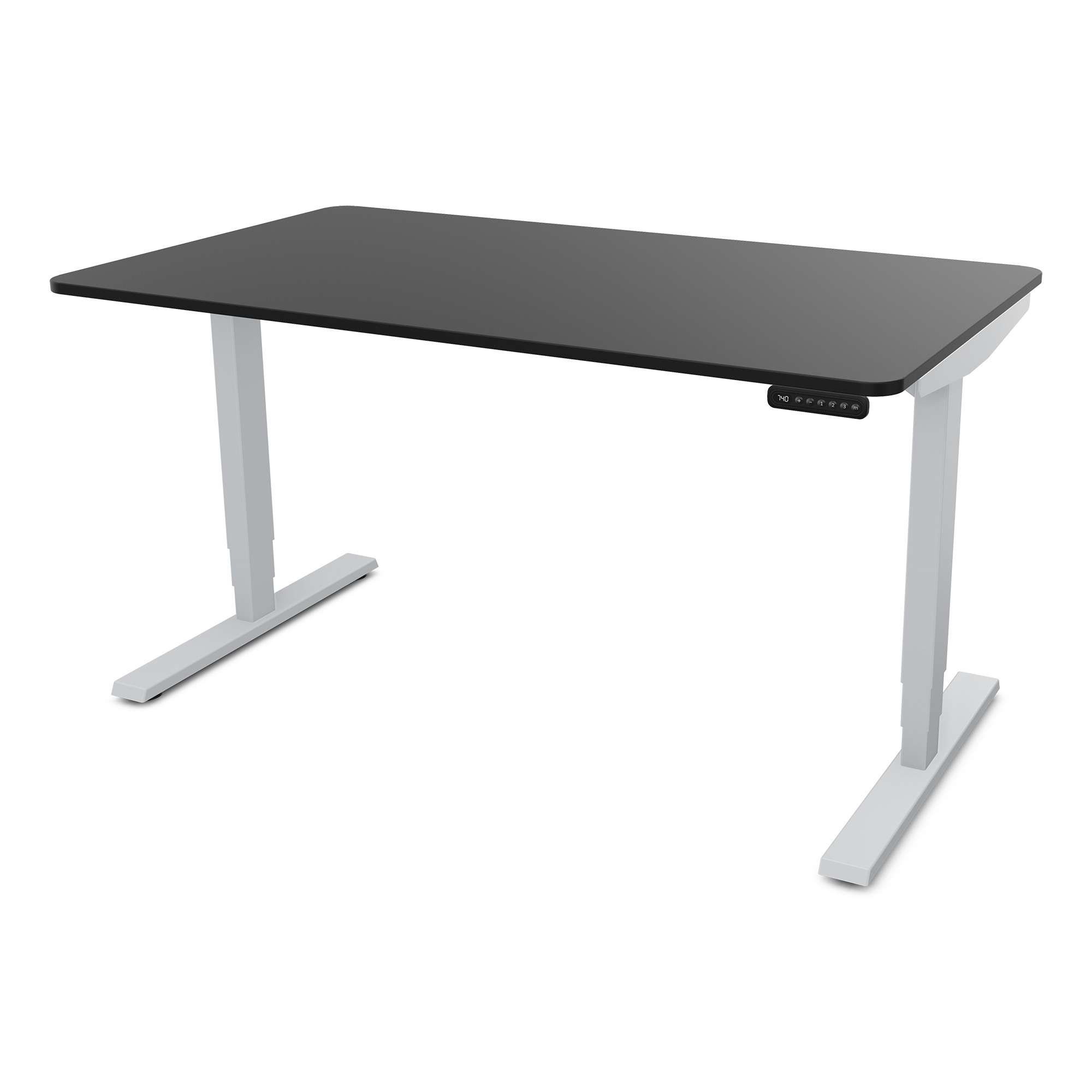 Elektrisch höhenverstellbarer Schreibtisch Y-Line Curved Ein schwarzer Schreibtisch mit einem hellen Gestell und elektrischer Höhenverstellung.