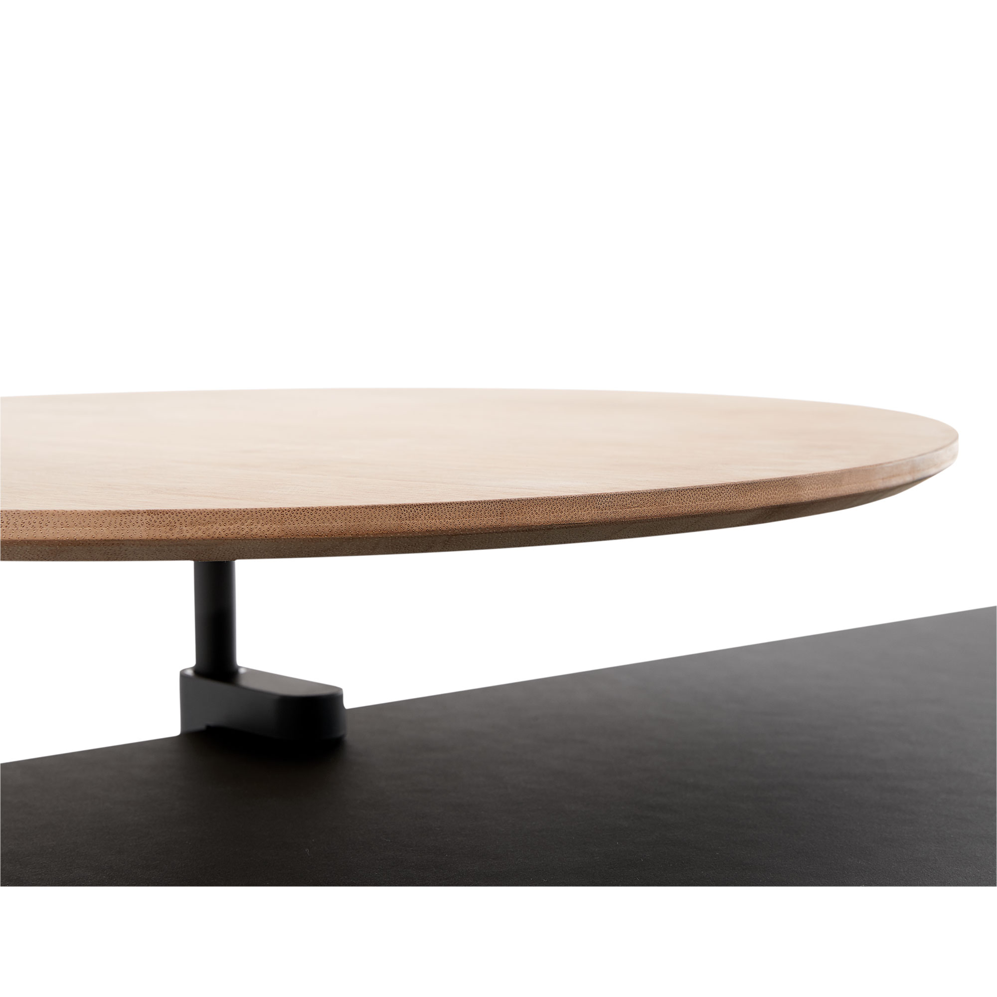 Runder Tischaufsatz aus Holz mit schwarzer Halterung.