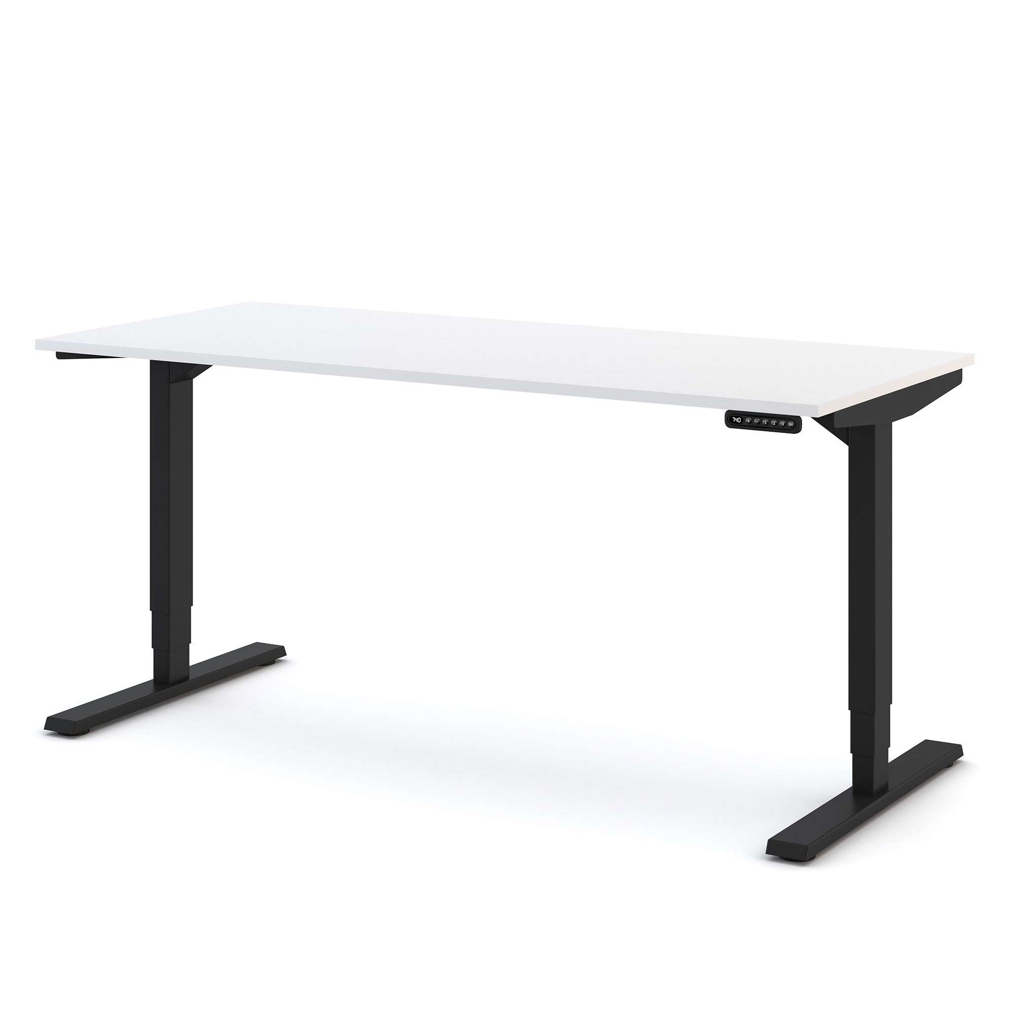 Höhenverstellbarer Schreibtisch mit schwarzem Gestell und weißer Tischplatte.