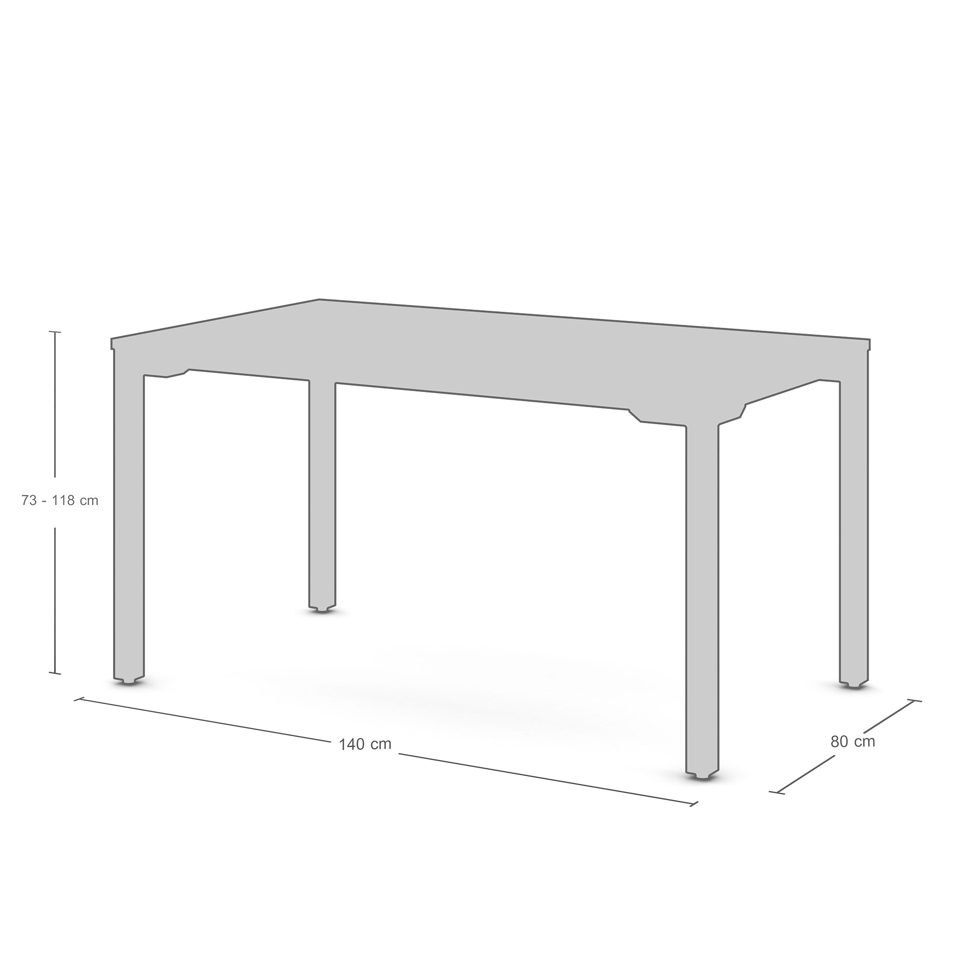 Eine skizzierte Darstellung eines rechteckigen Tisches mit den Maßen 140 cm x 80 cm und einer Höhenverstellbarkeit von 73 cm bis 118 cm.