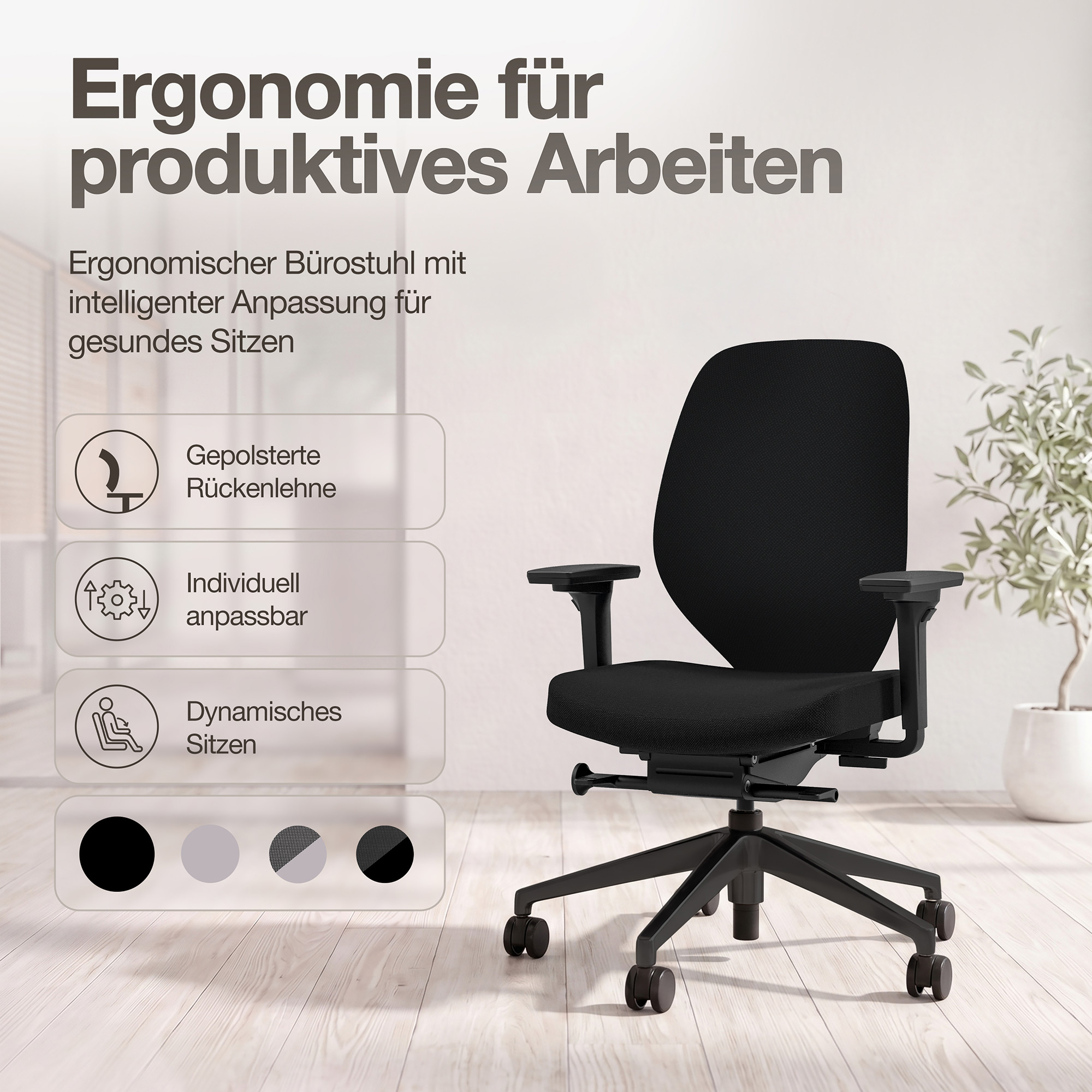 Ergonomischer Bürostuhl Atessa mit Polsterrücken in schwarz
