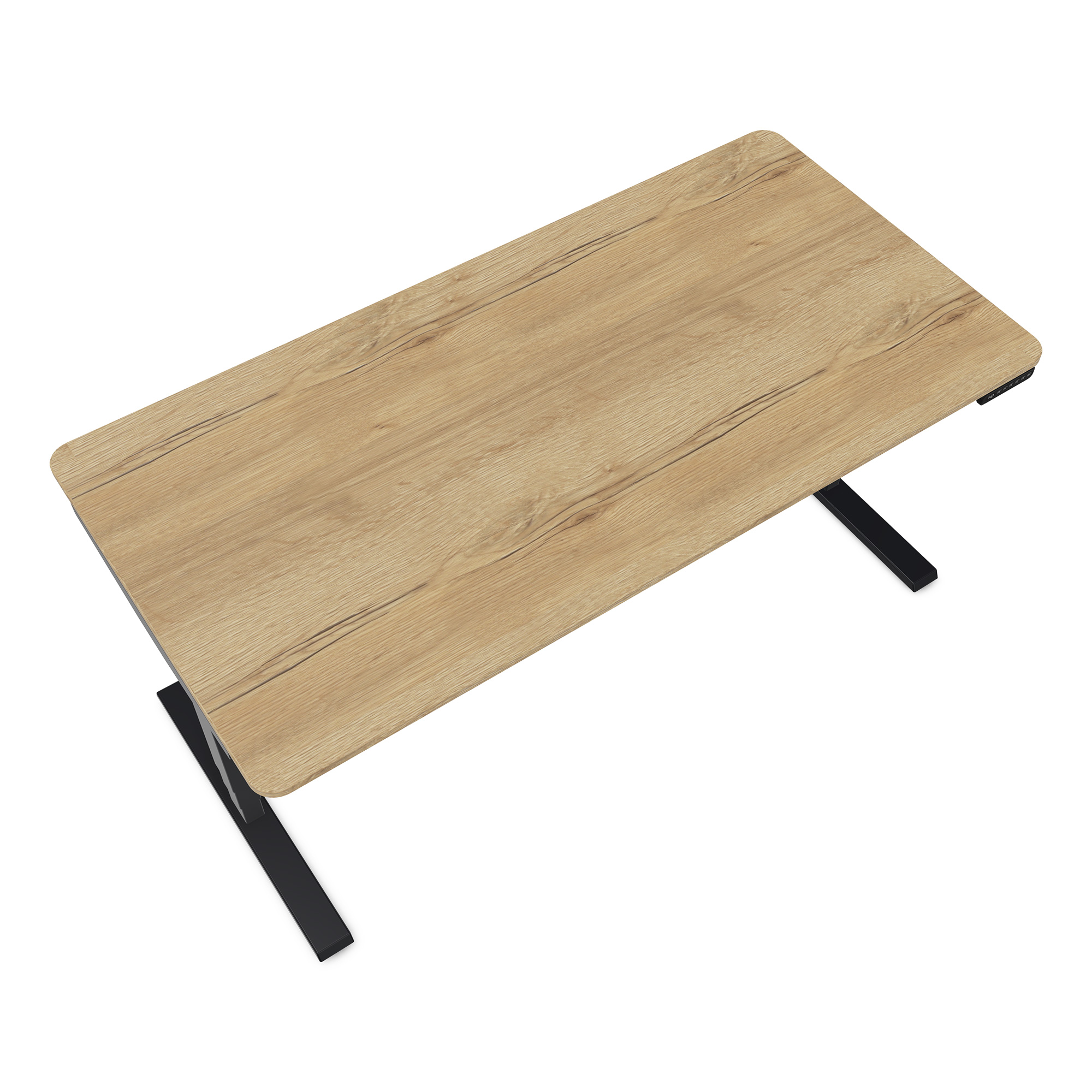 Ein moderner Schreibtisch mit einer Holzplatte und schwarzen Metallbeinen.