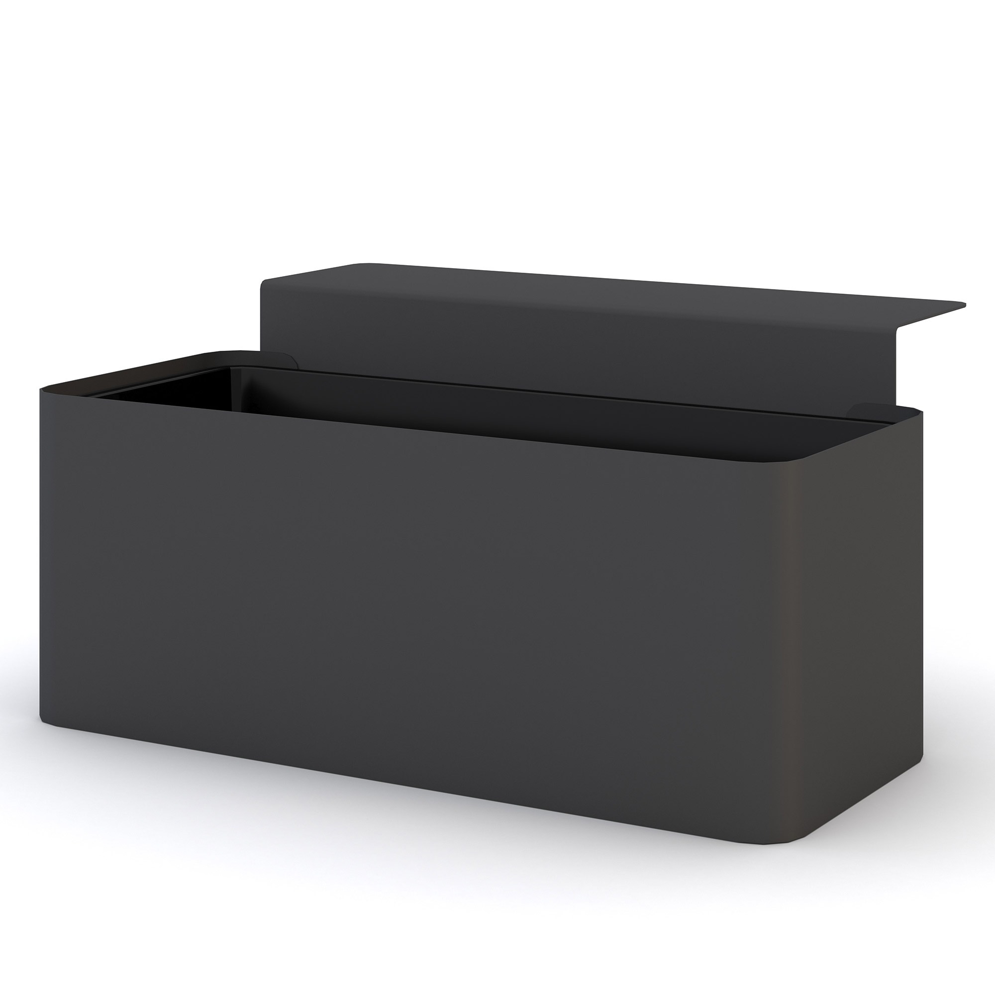Blumenkasten Flowerbox Eine schwarze, rechteckige Box mit einem Deckel.