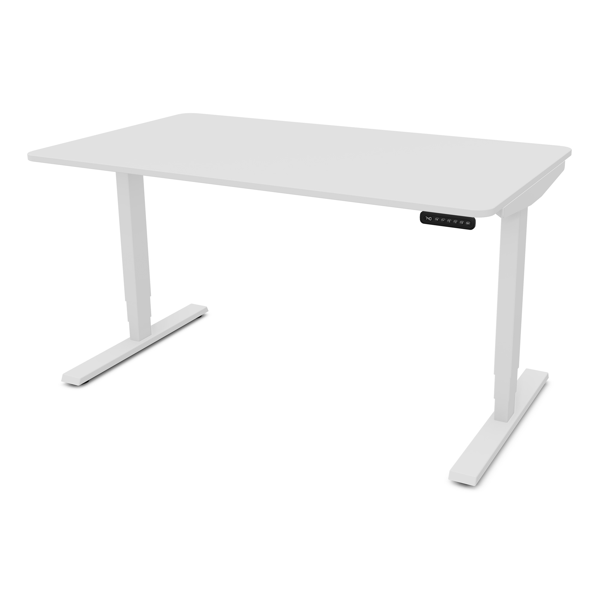 Ein weißer Schreibtisch mit höhenverstellbaren Beinen und Bedienelementen an der Seite.